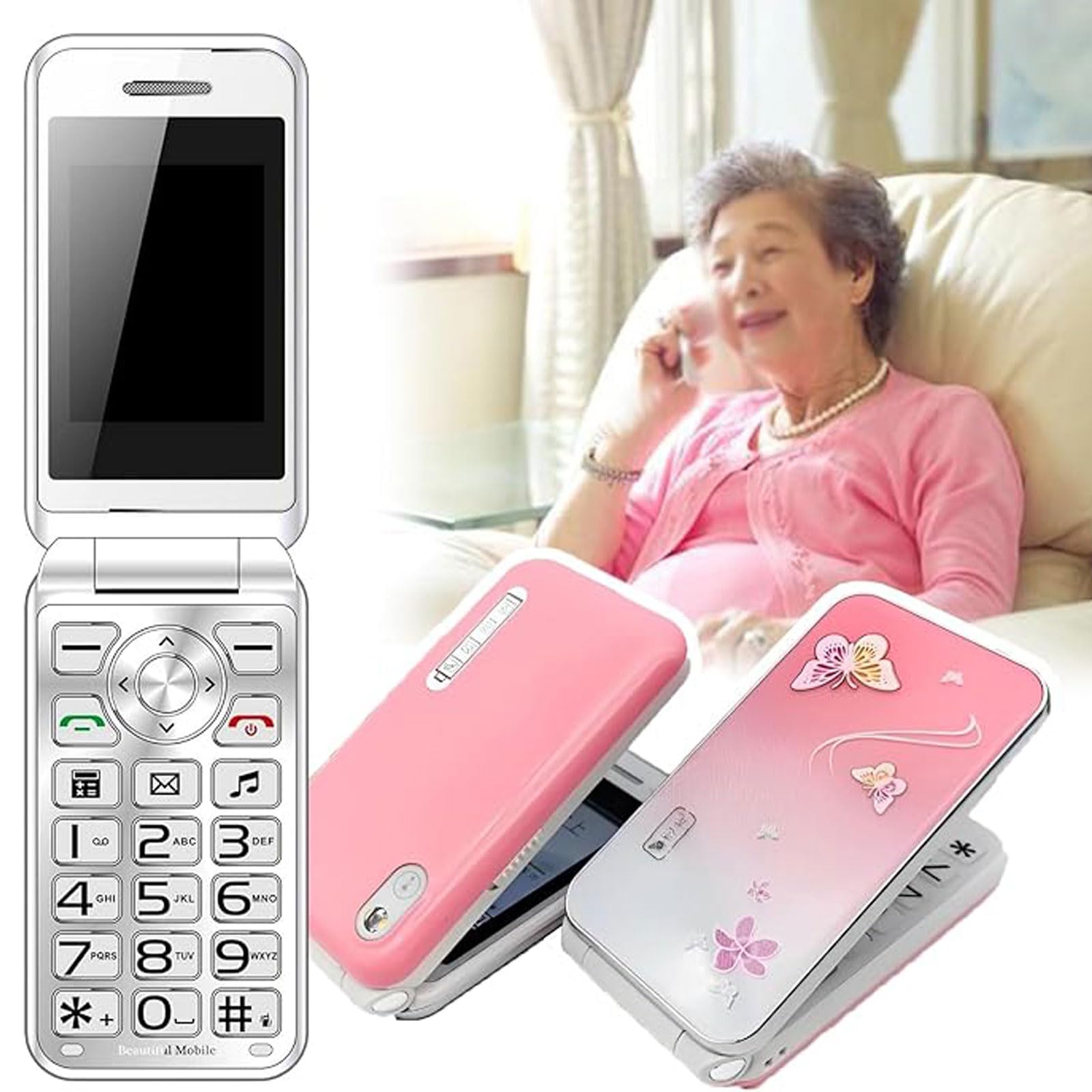Telefon Komórkowy Osób Starszych Klapką, Telefon Komórkowy Dwiema Kartami SIM 2G Ekran 2,4 Cala Duży Przycisk/Głośna Głośność Czarna Lista Bateria 8800mAh Obsługa Muzyki, Wideo,Pink