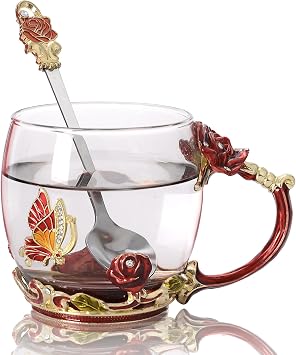 Handmade Red Rose Butterfly Glass Mug 330ml Gift Cup with Spoon Box | Enamel Floral Crystal Tea Cup, High Temp Resistant Decorative Coffee Mug for Women Valentine Birthday Gift Complete Gift Set