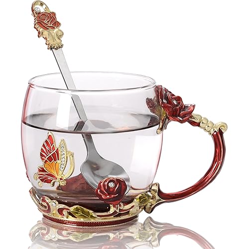 Flower Tea Cup Glass Coffee Mugs with Spoon, Valentines Day Gifts for Wife and Mother, Personalized Gifts for Gift Mother's day, Valentine's Day (11oz)