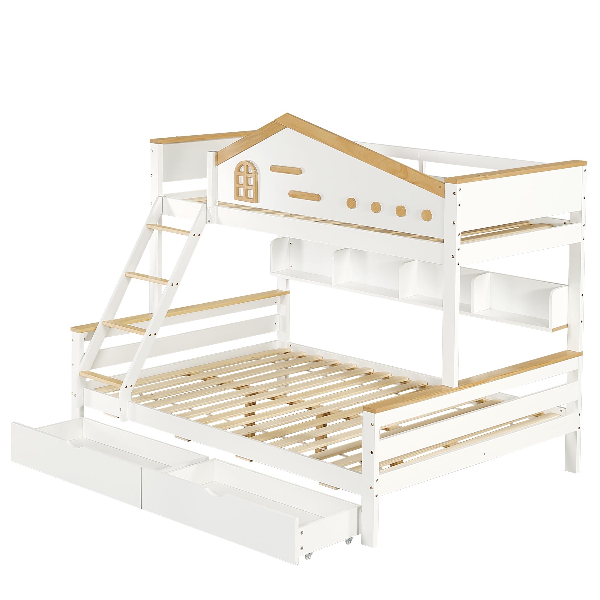Lubvtti Litera Infantil con 2 cajones,Cama Infantil 90 x 200 cm y 140 x 200 cm,literas Juveniles con Estante Abierto,Estructura de Cama de Matrimonio de Madera Maciza, Blanco + Natural