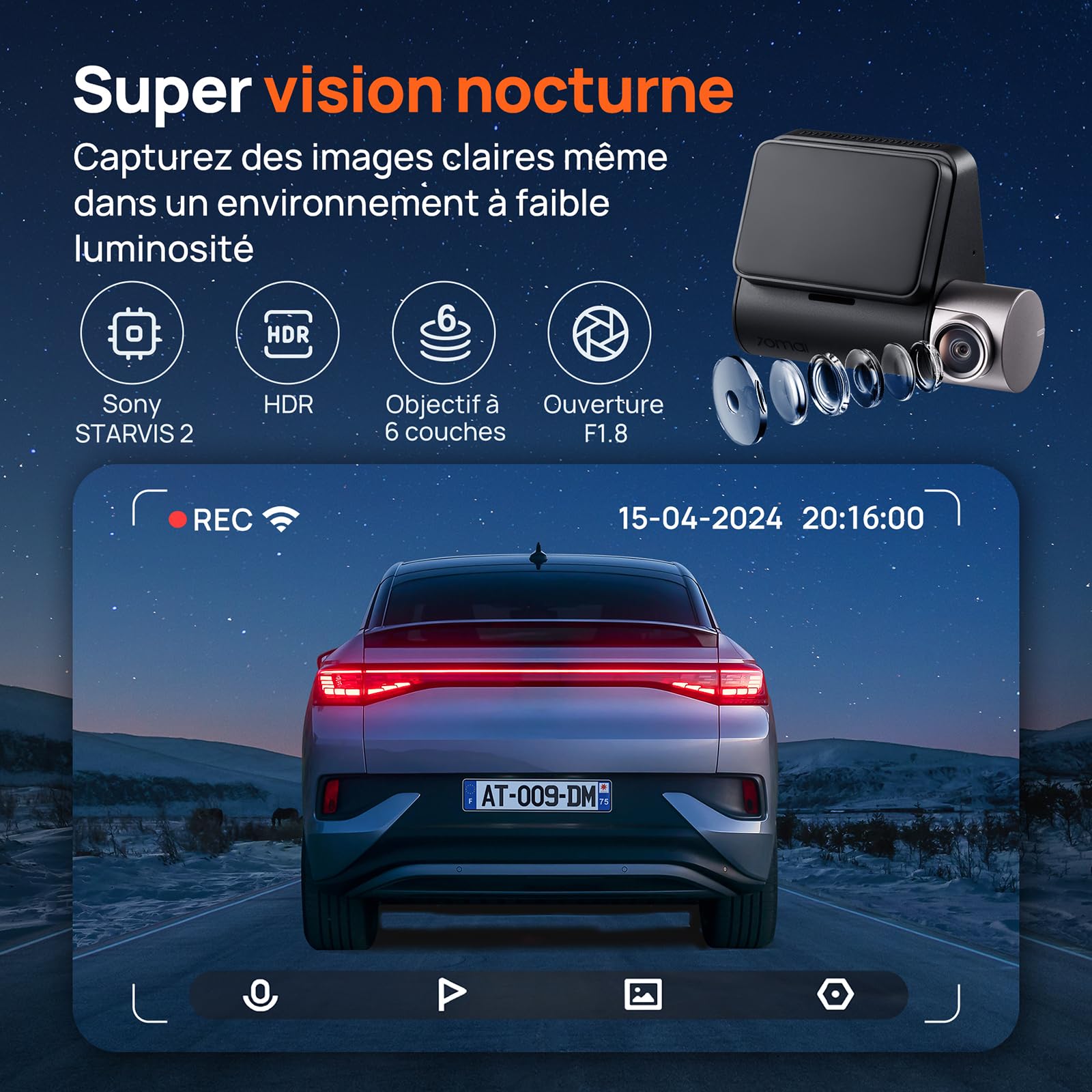 70mai Dash Cam Voiture A510 3K 1944P+1080P Dashcam, STARVIS 2 Camera Embarquée, Dash Cam Avant Arriere, GPS, WiFi, Surveillance Parking, Enregistrement en Boucle, Vision Nocturne avec HDR, ADAS
