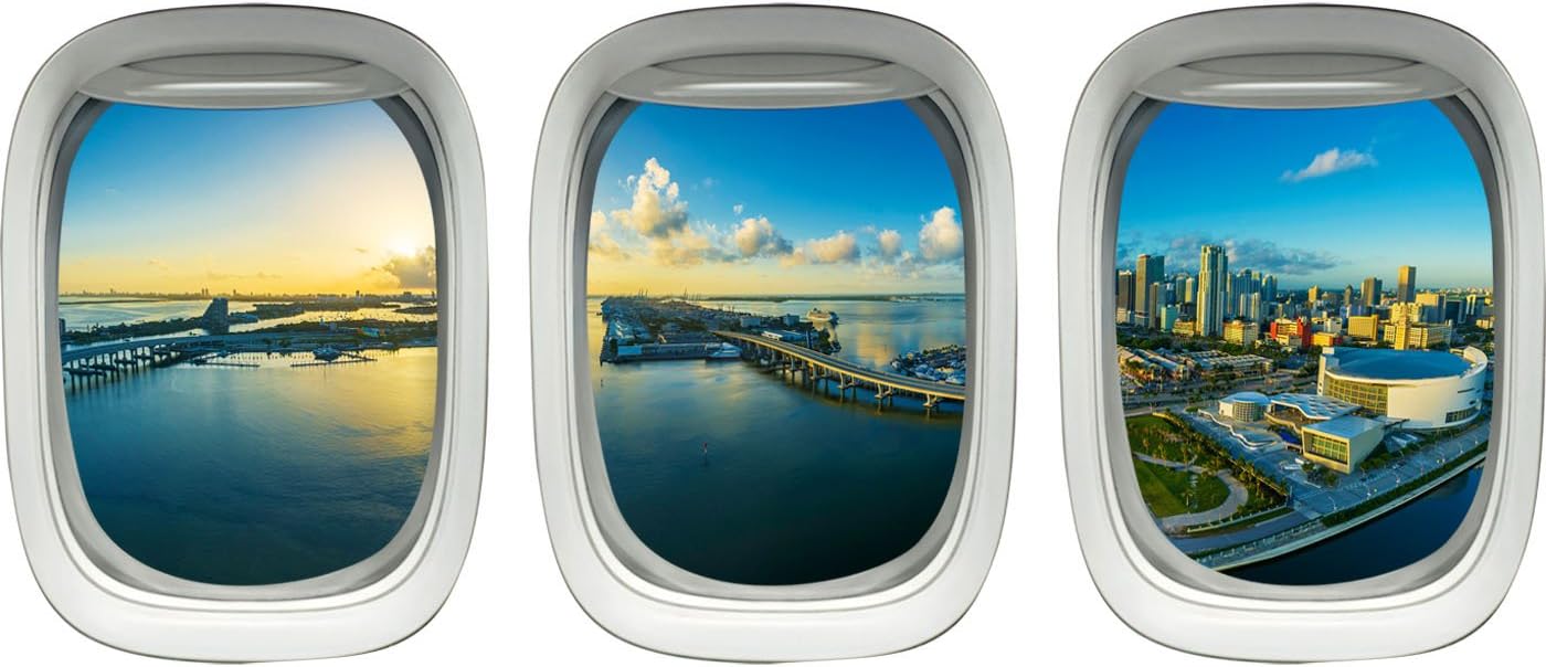 VWAQ - Miami Wall Sticker Art for Bedroom - Airplane Window Skyline Decals Decor -PPW32