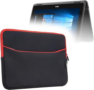 BoxWave Case Compatible with Dell Latitude 3190 2-in-1 11 in - SoftSuit with Pocket, Soft Pouch Neoprene Cover Sleeve Zipper Pocket - Jet Black with Red Trim