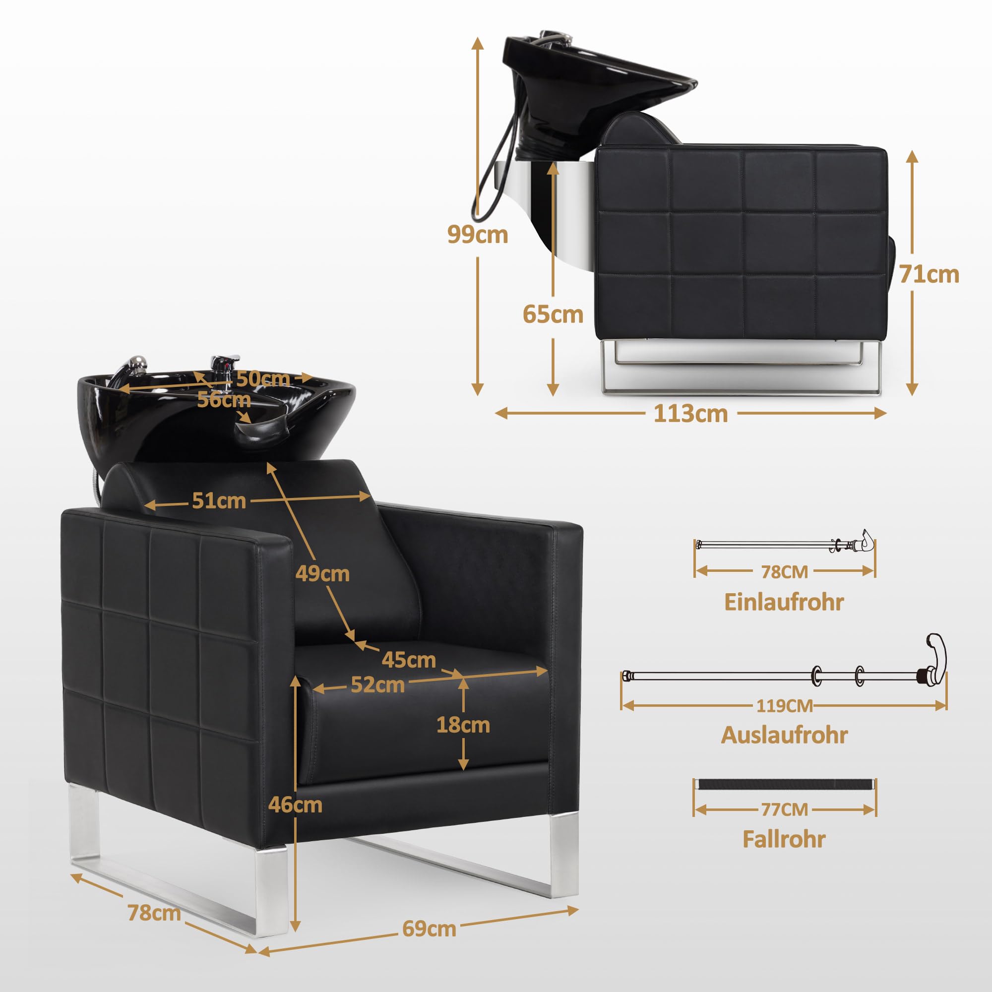 Barberpub Friseurstuhl mit Waschbecken & Edelstahlbasis, Friseurwaschbecken aus Keramik Verstellbar, Friseurwaschsessel für SPA Salon Friseur Waschplatz 8611 (Schwarz/Kunstleder)