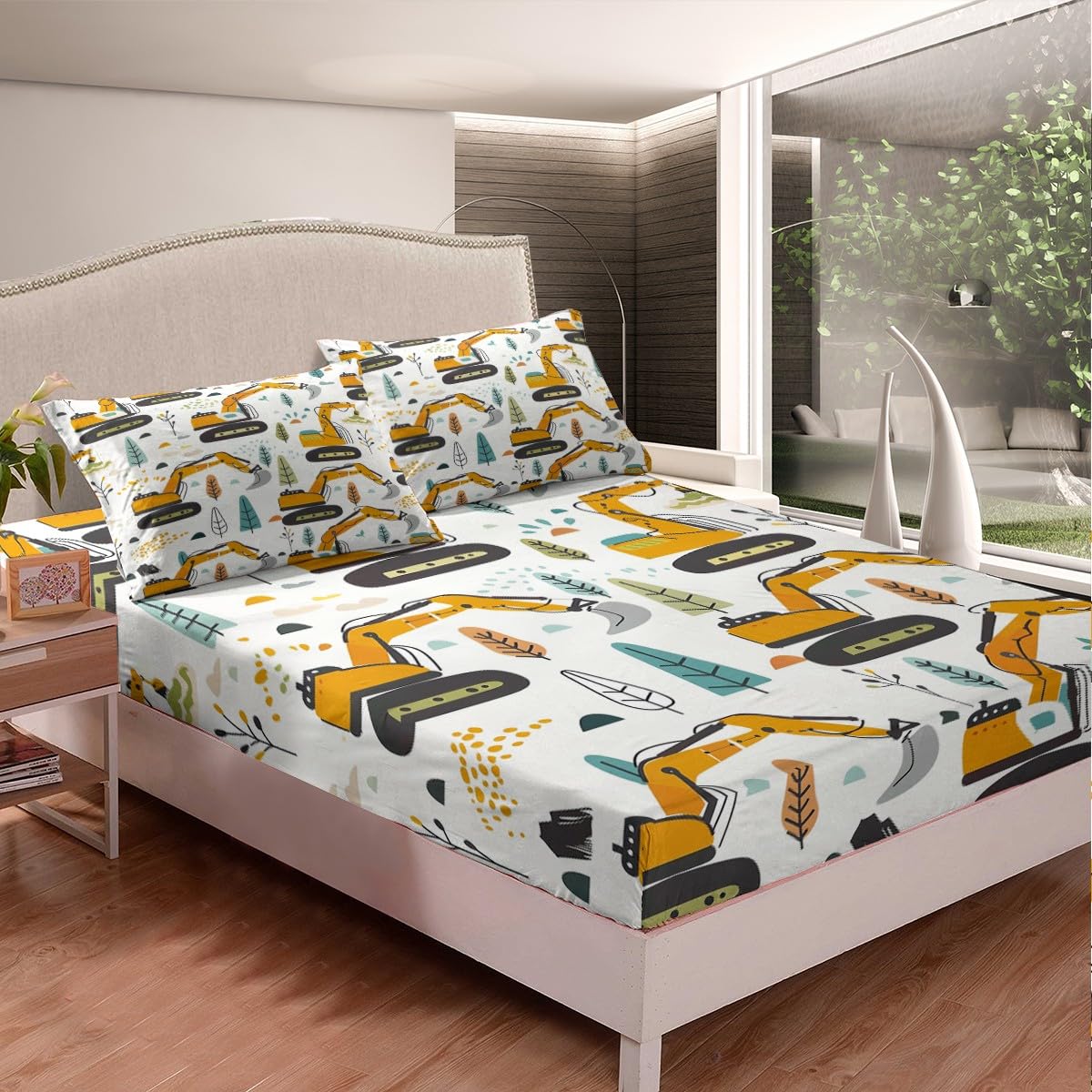Cartoon Excavator Fitted Sheet Twin Size Construction Vehicle Truck Bedding Set for Kids Boys Teens Hand Drawn Trees Bed Sheet Set Engineering Car Bed Cover Room Decor,No Top Sheet