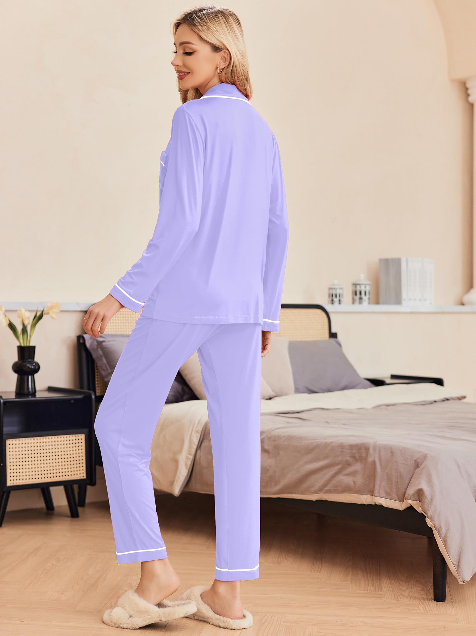 Ekouaer Pajamas Women's Long Sleeve Sleepwear Soft Button Down Loungewear Pjs Lounge Set Nightwear XS-XXL