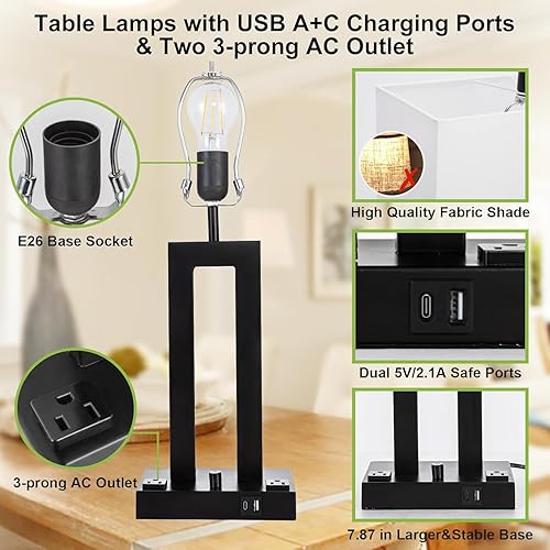 Miniatura 5 de Juego de lámparas de mesa modernas de 2 a 22 pulgadas de alto con puertos de carga USB-CUSB-A y tomacorriente, tela regulable continua, lámparas de
