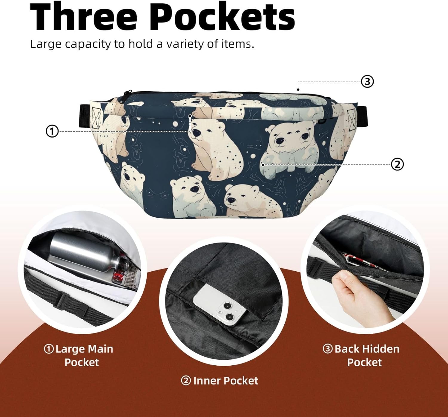 Fanny Pack for Men Women Hand Drawn Polar Bear Belt Bag with Adjustable Strap Fashion Waist Bag Waist Pack for Travel