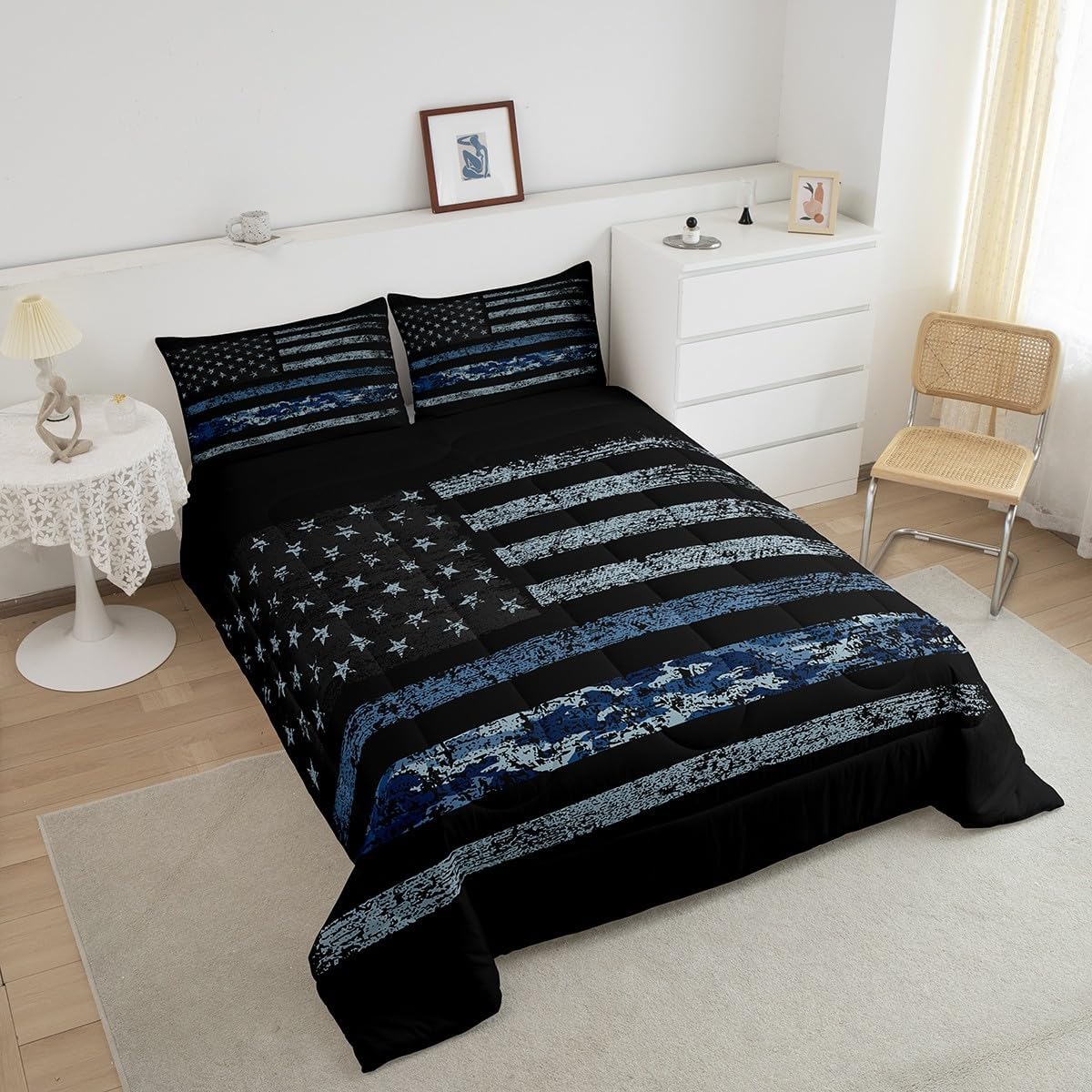 American Flag Full Size Comforter Set,Blue Camouflage Bedding Set for Adults Teens,Children Retro Style Comforter Luxury Farmhouse Theme Quilt Set Room Decor 3Pcs