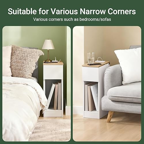 Miniatura 8 de SoBuy Mesita de noche estrecha con estación de carga, mesita de noche delgada con cajones, puertos USB y tipo C para dormitorio y sala de estar,