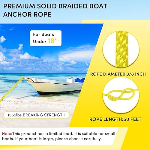Vista 57 de Cuerda de anclaje premium de 100 pies x 3/8 pulgadas, cuerda marina de línea de anclaje MFP trenzada sólida con dedal y grillete, color negro