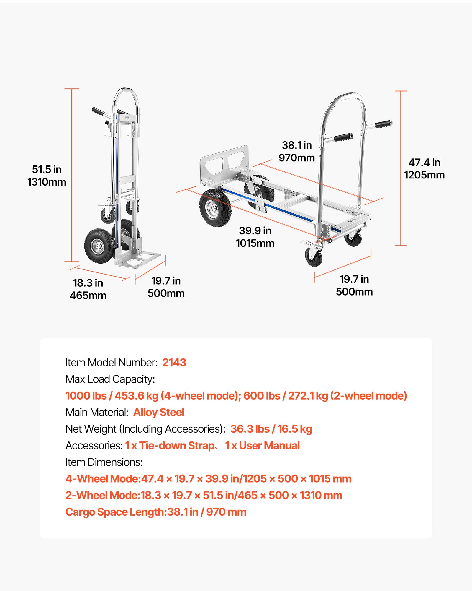 VEVOR 2-in-1-Sackkarre 454 kg, Transportkarre im 4-Rad-Modus, Umwandelbarer Plattformwagen mit Rutschfestem Griff, Tragbarer Handwagen Transportwagen, Trolley für Umzüge, Büro, Lager, Supermarkt
