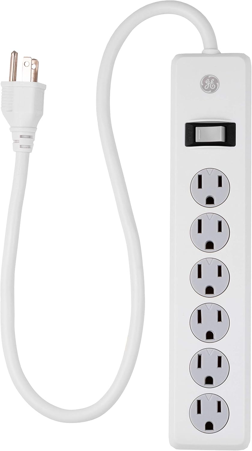 GE 6-Outlet Surge Protector, 2 Ft Extension Cord, Power Strip, 450 Joules, Heavy Duty Plug, Twist-to-Close Safety Covers, UL Listed, Black, 14009