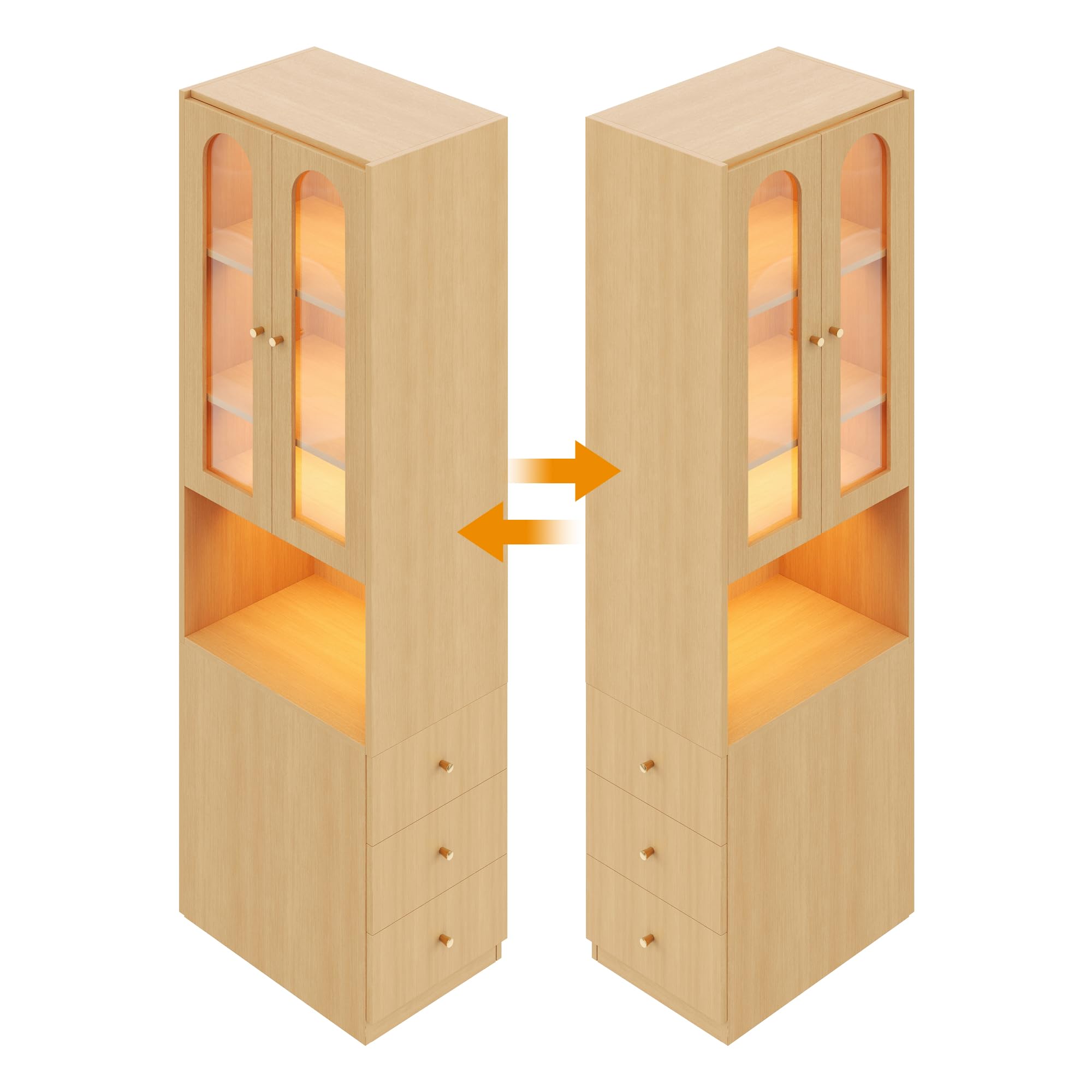 BTM Bücherschrank mit Glastüren, Vitrinenschrank mit LED & Schubladen Schmal Hochschrank Schrank Wohnzimmer, Holzoptik