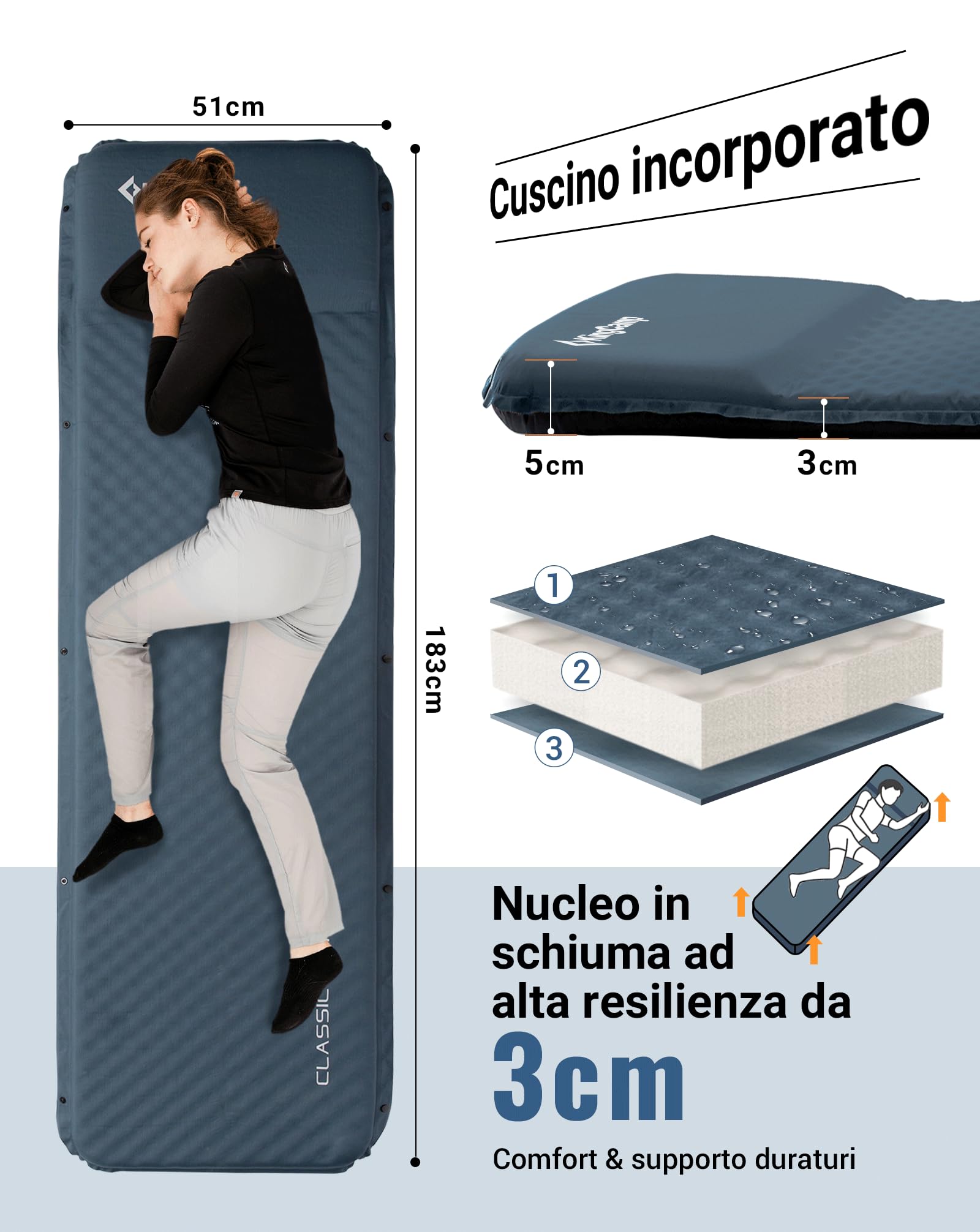 KingCamp Materassino Autogonfiabile Campeggio, Cuscino Integrato, 3cm | Ultraleggero, Compatto, Comodo, Collegabile, Impermeabile, Antistrappo, per Campeggio, Trekking, Viaggi, Tenda