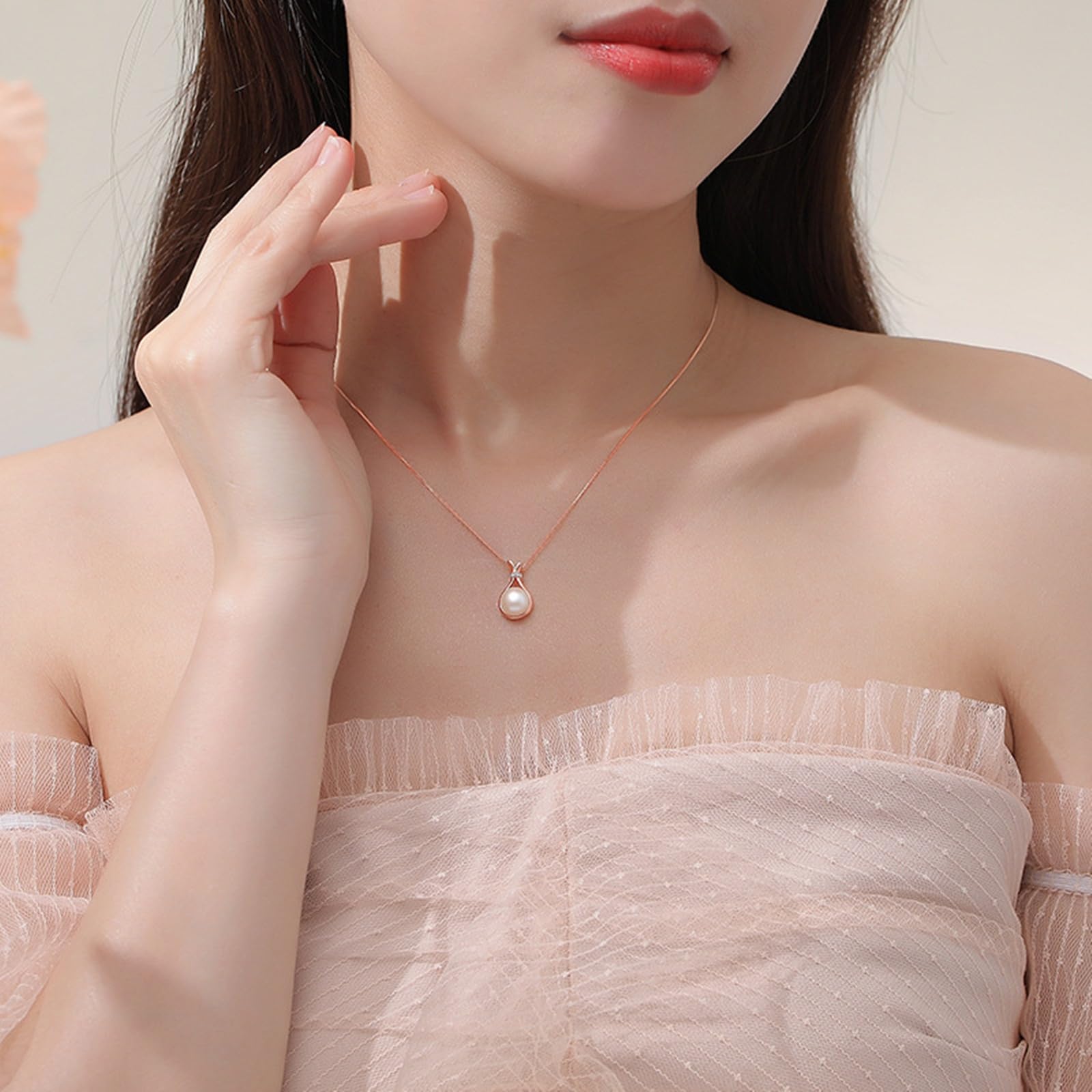 Collar para mujer, joyería de moda, lágrima de oro rosa de 9K/14K/18K con colgante de perla y moissanita, cadena alargada: 40+5cm