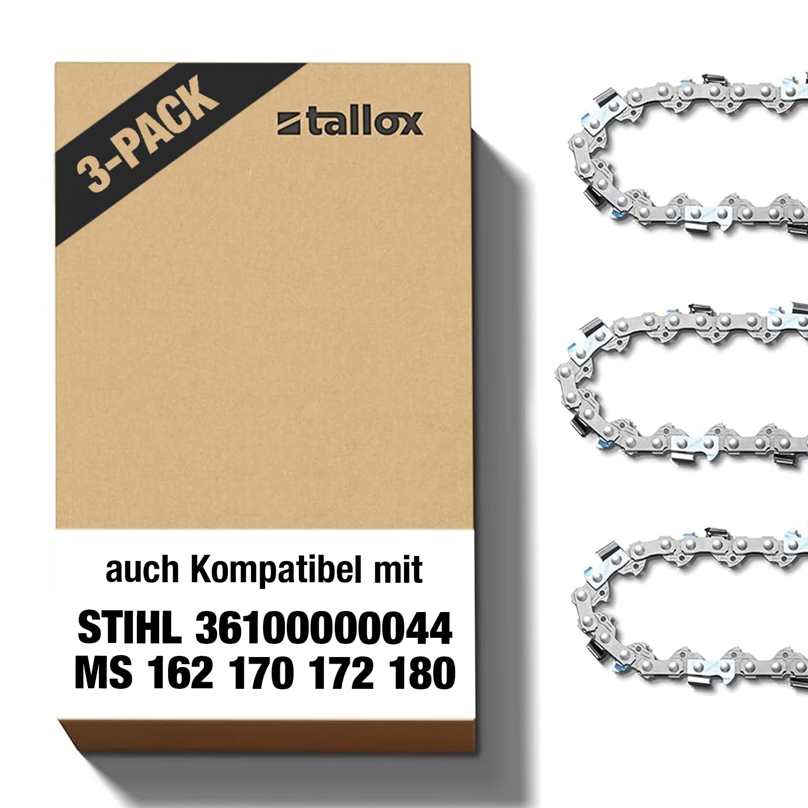 3 Tallox Sägeketten 30 cm 3/8"P 1,1 mm 44 TG Rückschlagsarme ketten kompatibel für Stihl MS170 MSE170C MS194T und andere - 36100000044