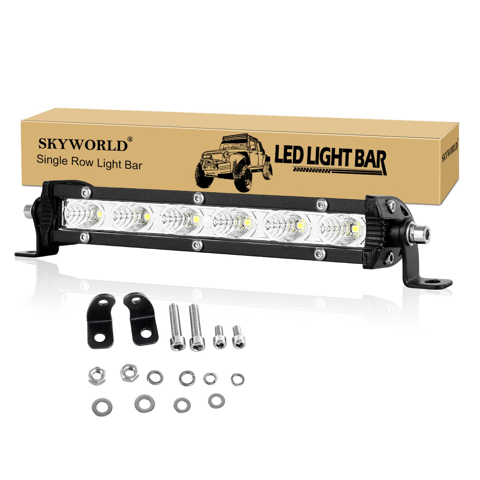 SKYWORLD Single Row LED Light Bar 7 inch 30W Flood Beam 12V 24V Slim Offroad Driving Fog Lights Work Lamp for 4x4 Truck Car ATV SUV Vehicle Boat Lighting, Waterproof 6000K White
