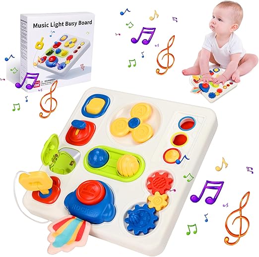 Montessori Busy Board Toy for 1-2 Year Old, Toddler Busy Toys with Music&Light, Busy Board for 1 Year Old,Toddler Educational Toys, Preschool Learning Activities Travel Toy for 1 2 3 4 Boys&Girls
