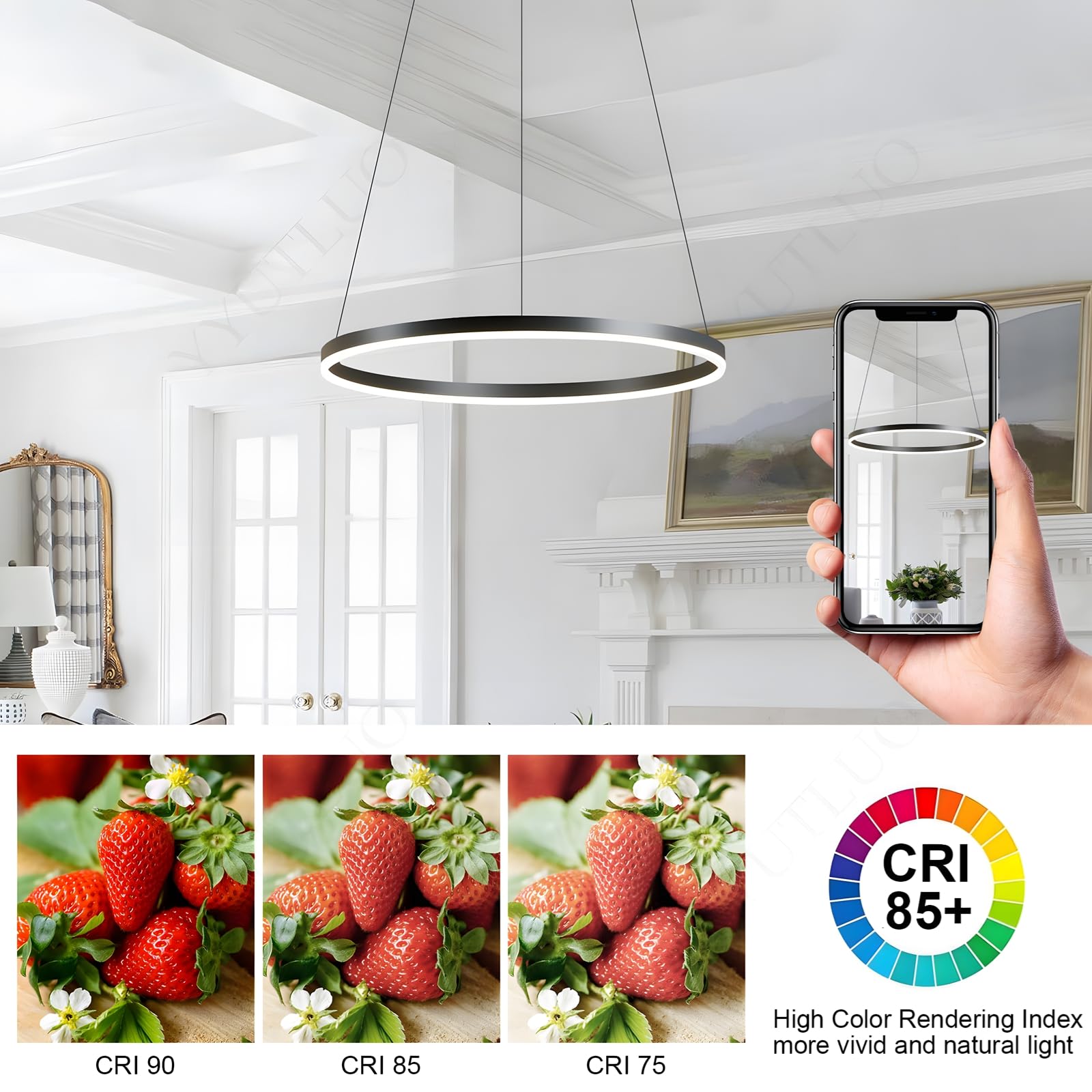 Lámpara LED DIY Circular Moderna | 1 Negra Anillos :60cm=29W| Iluminación Colgante LED Metal+Acrílico, Control Remoto Regulable 2.4G Lámpara Colgante Techo Redonda Sala Estar Dormitorio