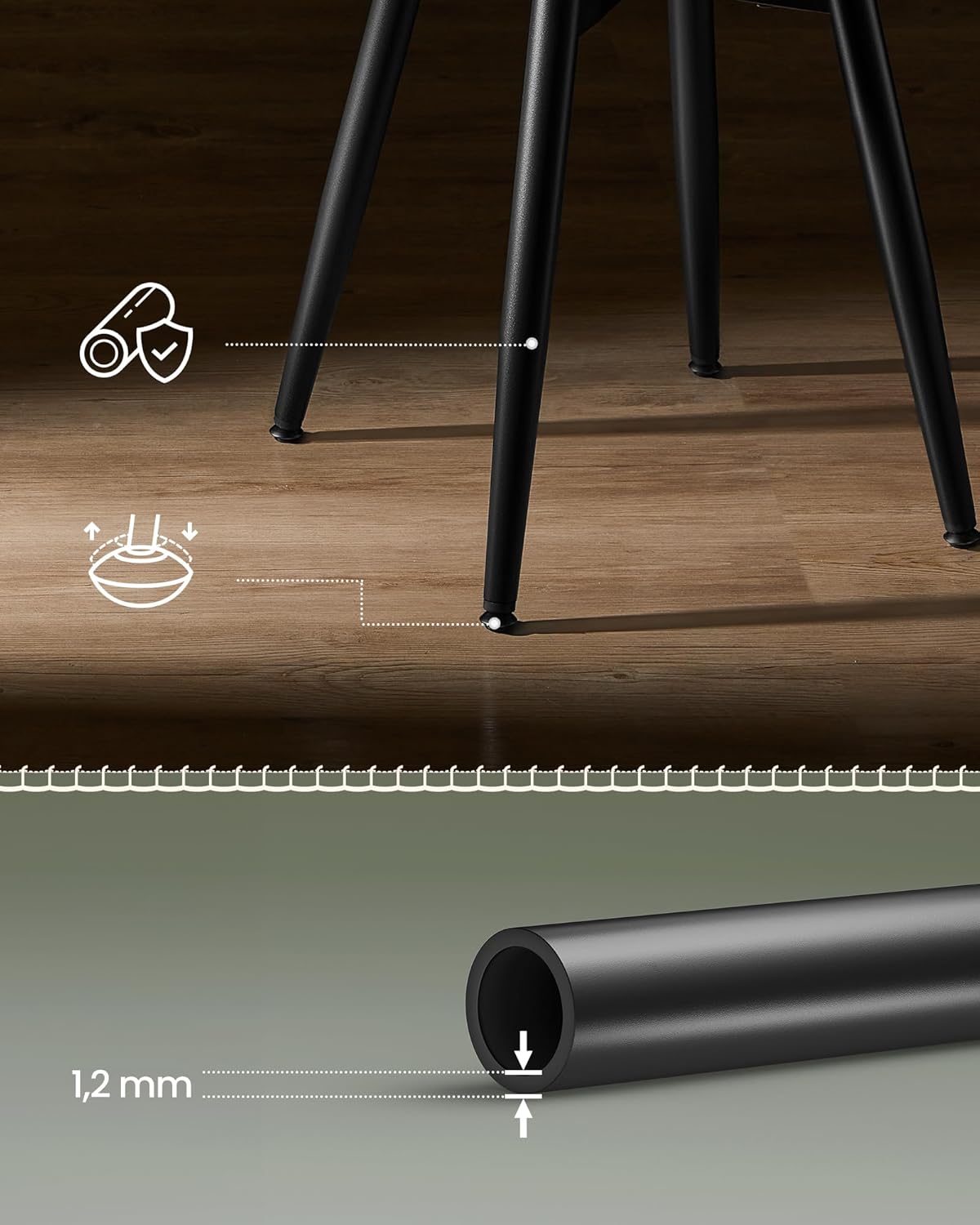 Close-up of bar stool leg with adjustable foot and floor protection icon.