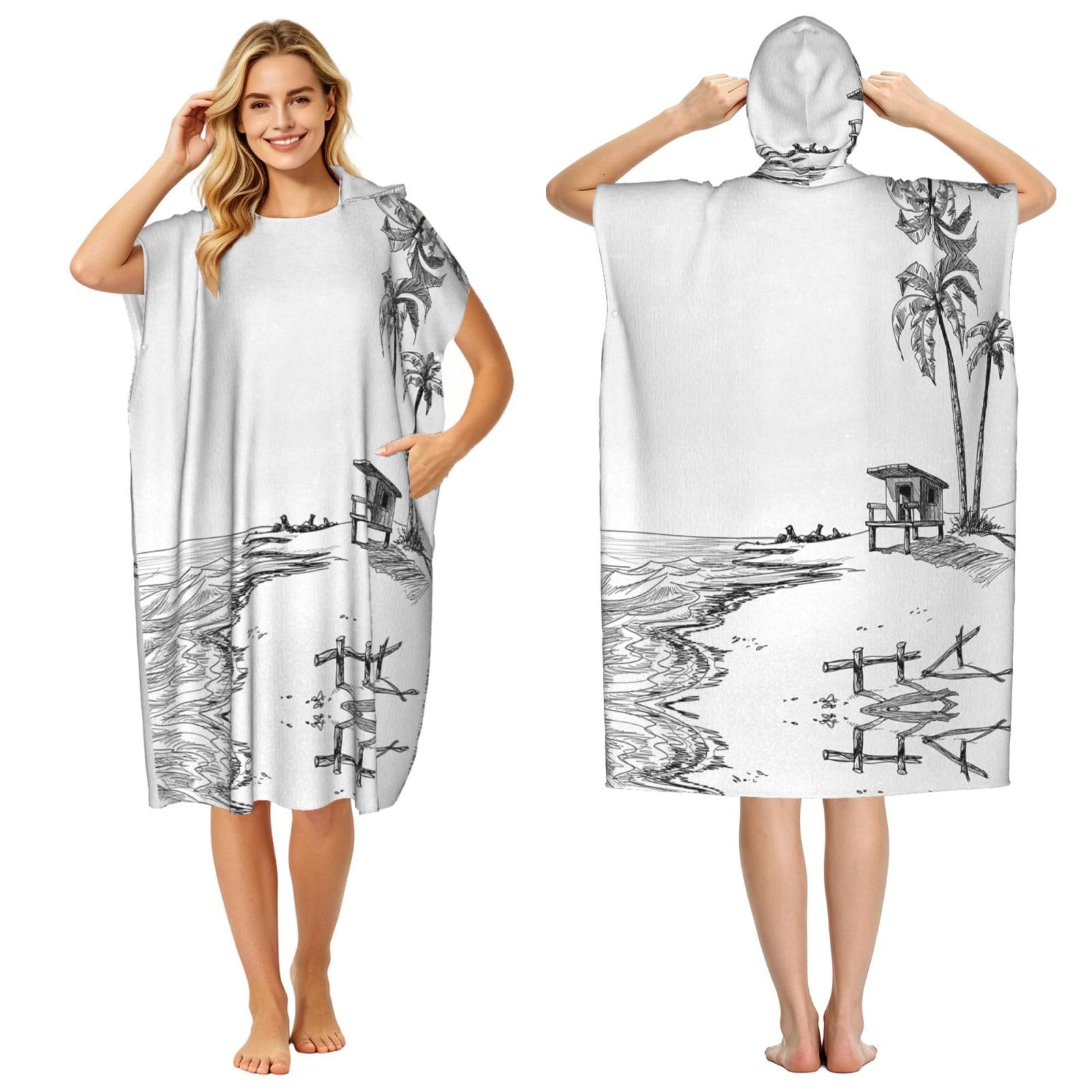 EZDLOWVBA Summer Beach With Palm Trees Print Hooded Poncho Microfiber Beach Towel,Adult Women & Men Changing Robe,Lightweight Summer Surf Swim Bath Poncho Towel