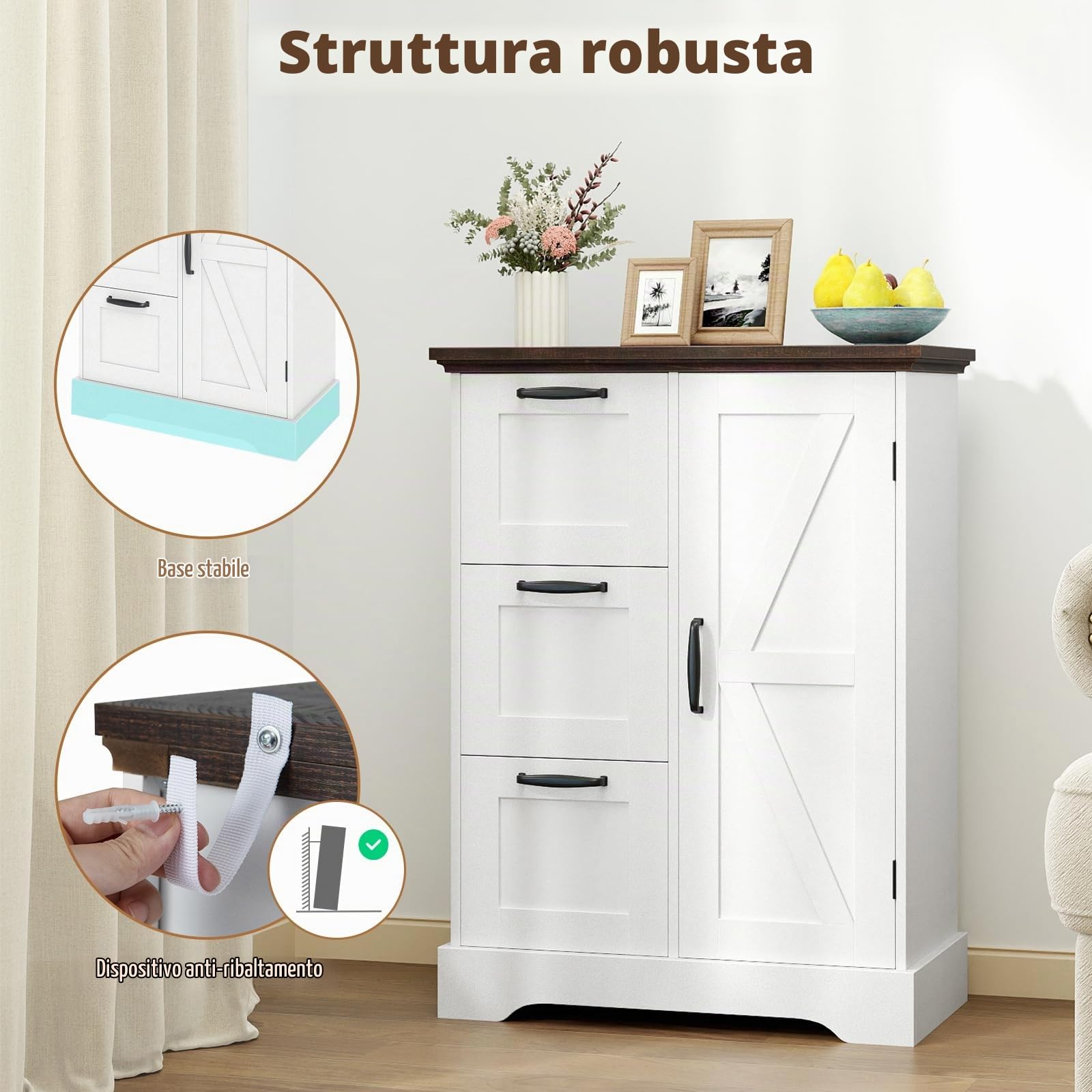 KOMFOTTEU Credenza Cucina con 3 Cassetti e Armadio con Ante, Mobile Cucina Dispensa con Kit Antiribaltamento, Mobiletto Cucina, per Soggiorno, Sala da Pranzo, 60 x 30 x 80 cm (Bianco)