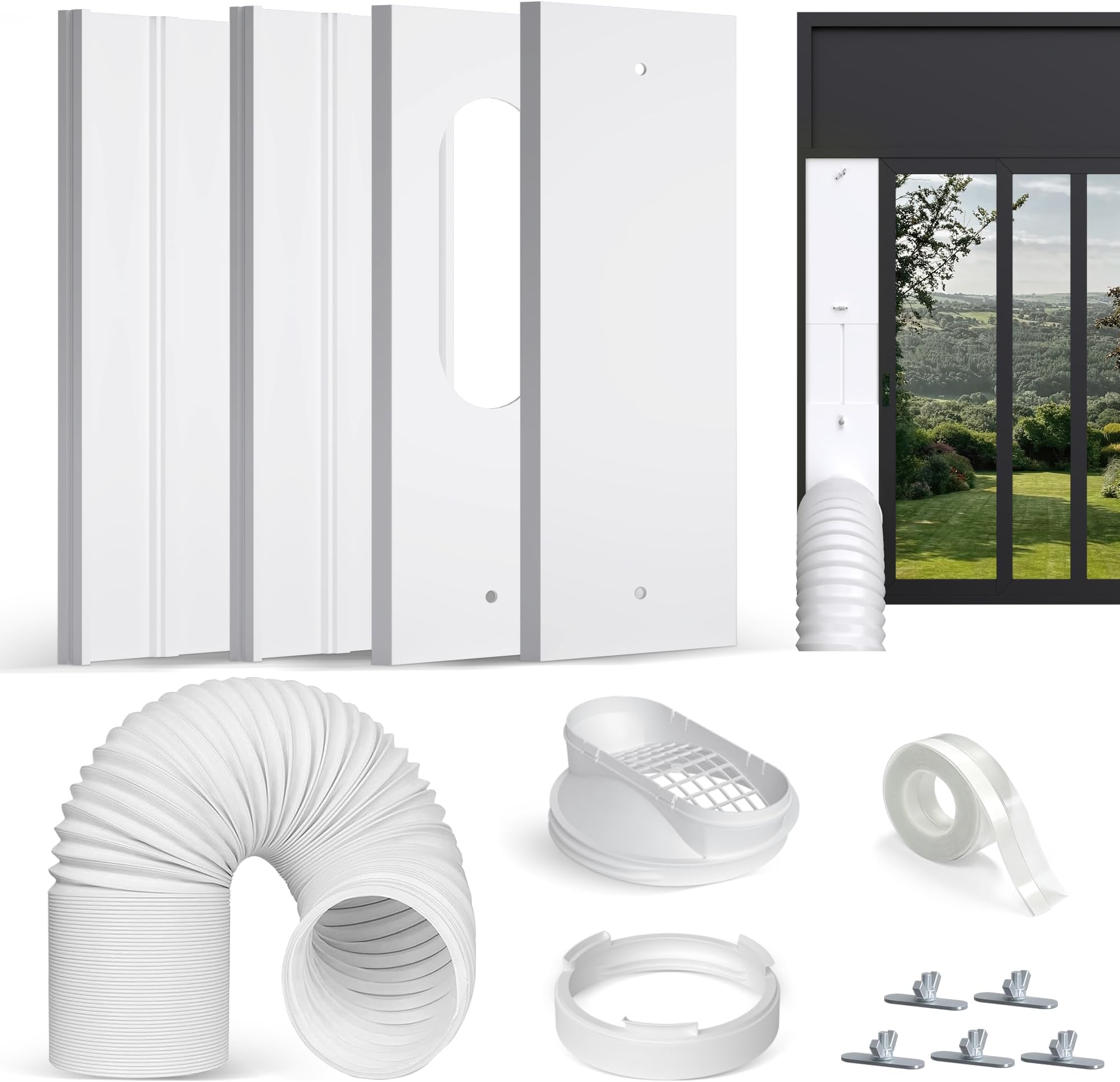 Upgraded Portable Air Conditioner Window Vent Kit, With 5.9 Exhaust Hose, 4 Slide Seal Plates, Universal Coupler, Adjustable AC Vent Kit Ducting Universal for Horizontal & Vertical Windows