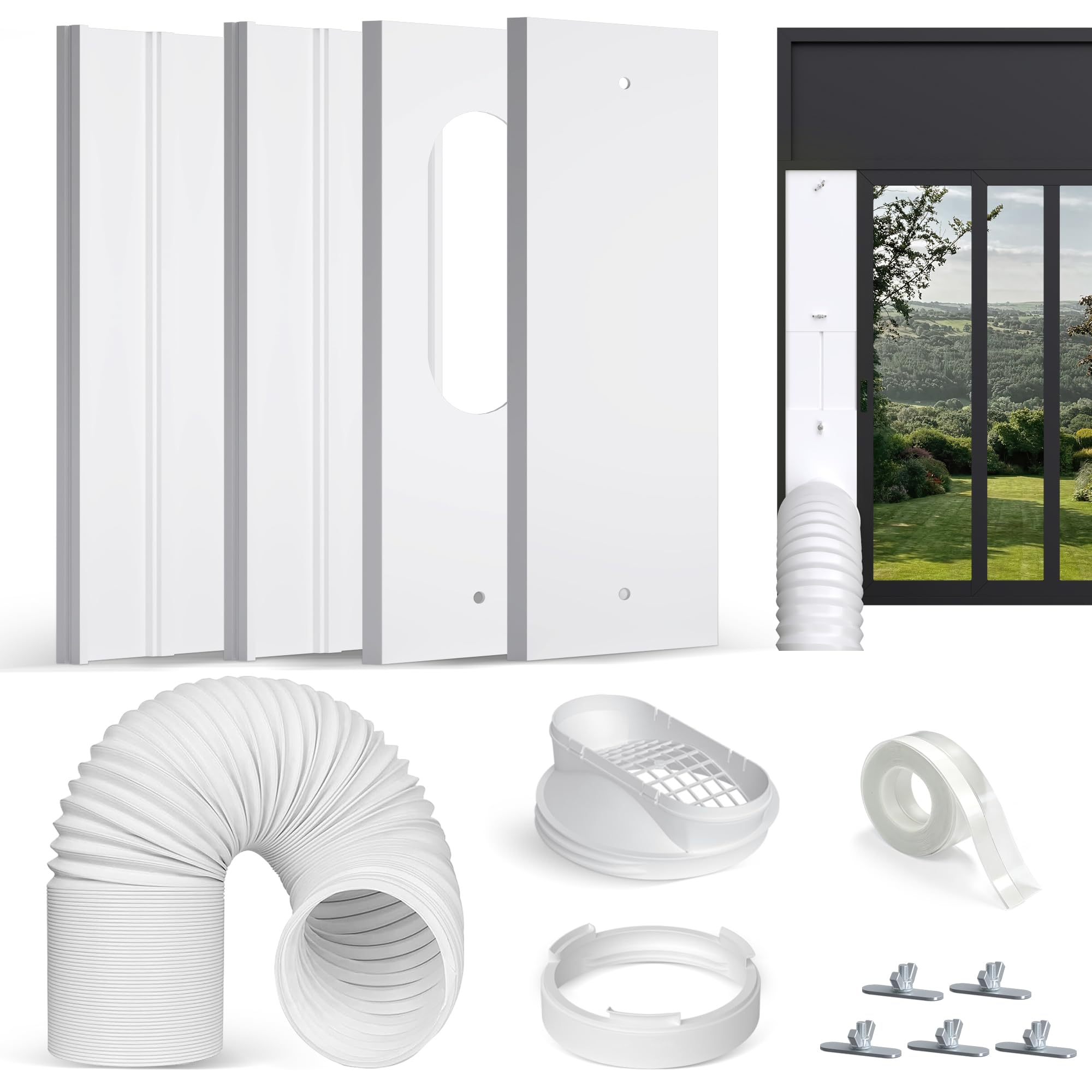 Upgraded Portable Air Conditioner Window Vent Kit, With 5.9 Exhaust Hose, 4 Slide Seal Plates, Universal Coupler, Adjustable AC Vent Kit Ducting Universal for Horizontal & Vertical Windows