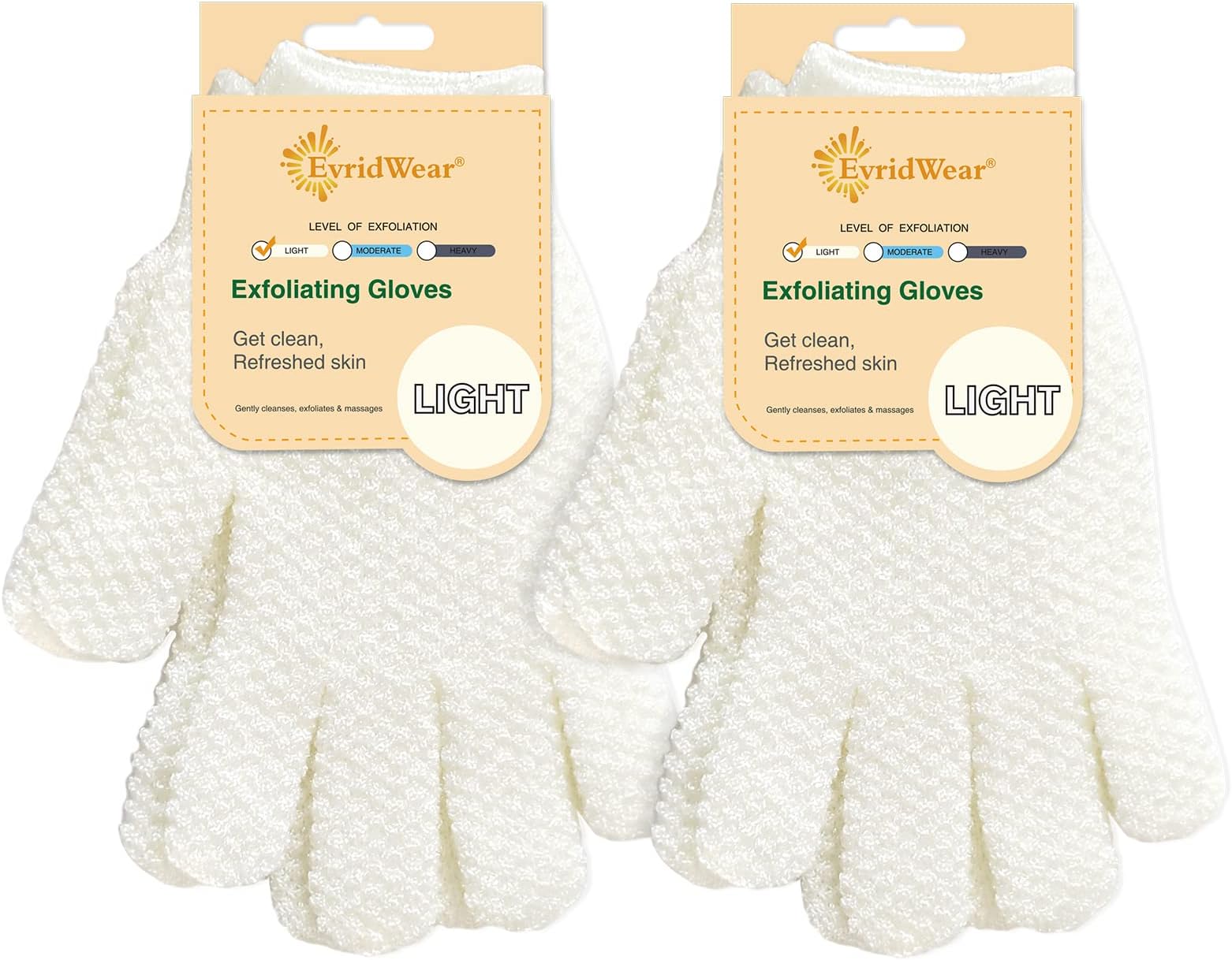 EvridWear Exfoliating Dual Texture Bath Gloves for Shower, Spa, Massage and Body Scrubs, Dead Skin Cell Remover, Gloves with hanging loop (2 Pairs Light)