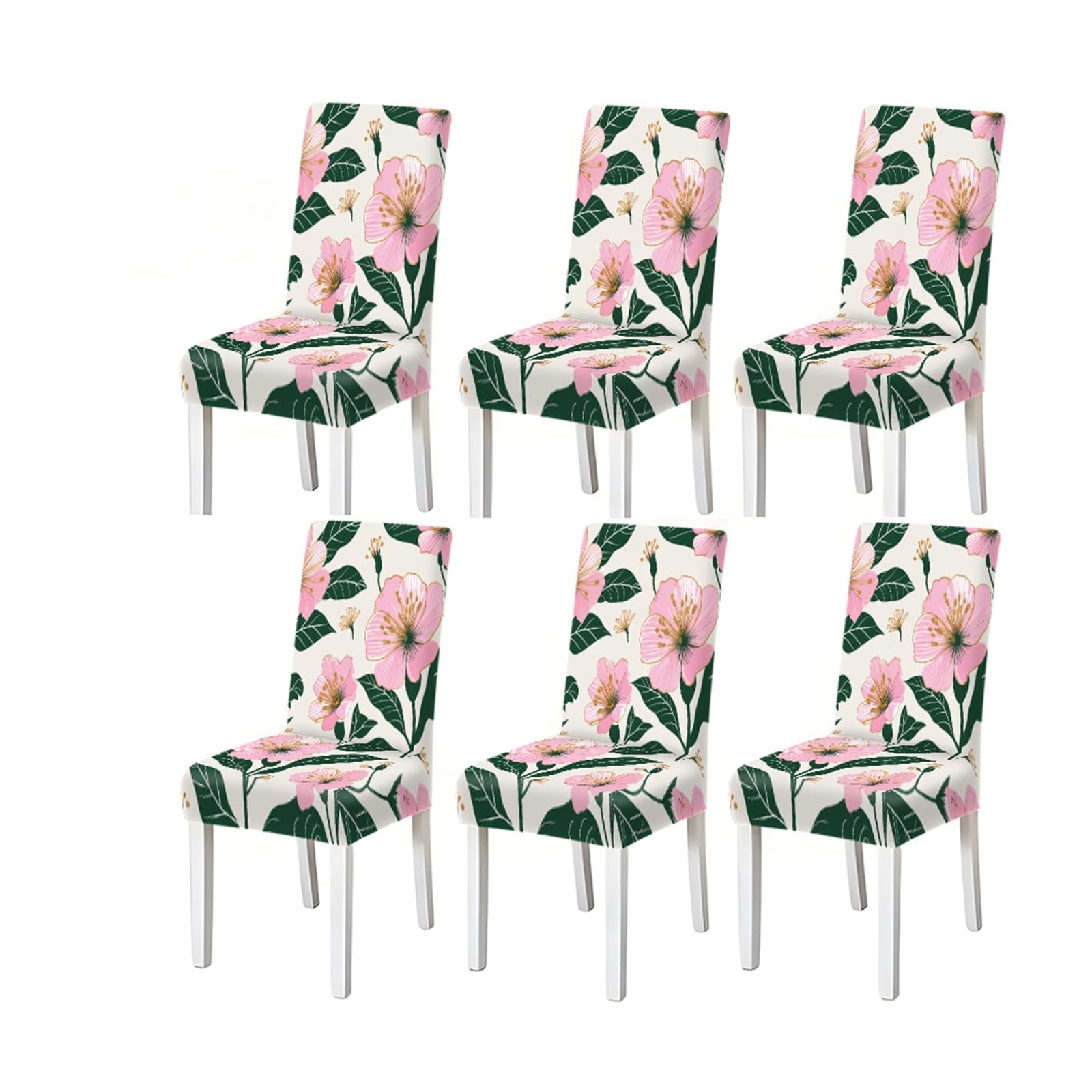 KXUAUV White Background Pink Floral Green Leaf Pattern Print Dining Chair Covers Set Of 2/4/6, Stretch Slipcovers For Kitchen Dining Room Seat Protectors for Restaurant Hotel Party(6PCSChair cover)