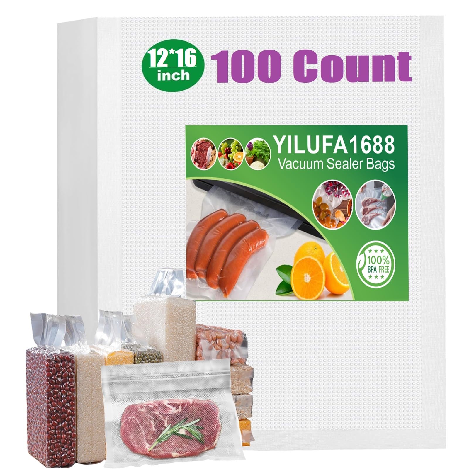 YILUFA1688 Vacuum Sealer Bags Food Saver - 100 Pre-Cut 12"x16" Quart Size Bags | BPA-Free, Sous Vide Bags, 6X Longer Freshness, Commercial Grade Thickness for All Clamp Sealers
