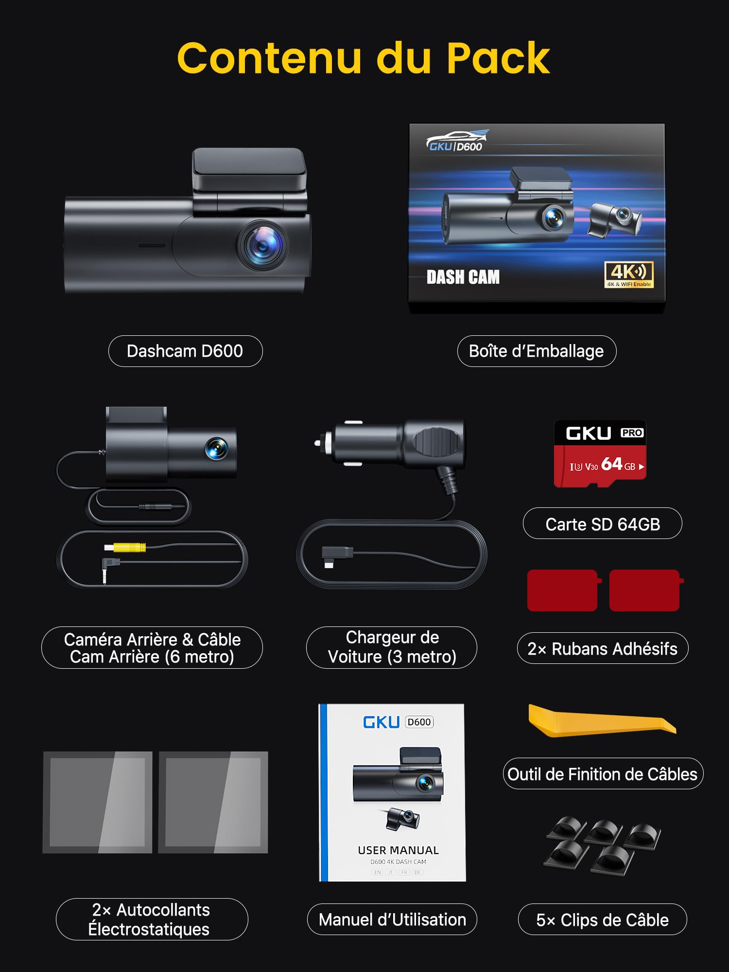 GKU 4K Dashcam Voiture Avant Arrière,5GHz WiFi Caméra Embarquée Voiture avec Carte SD 64G,Camera Voiture Grand Angle 170°,Vision Nocturne,WDR,G-Capteur,Mode Stationnement 24H,Enregistrement en Boucle