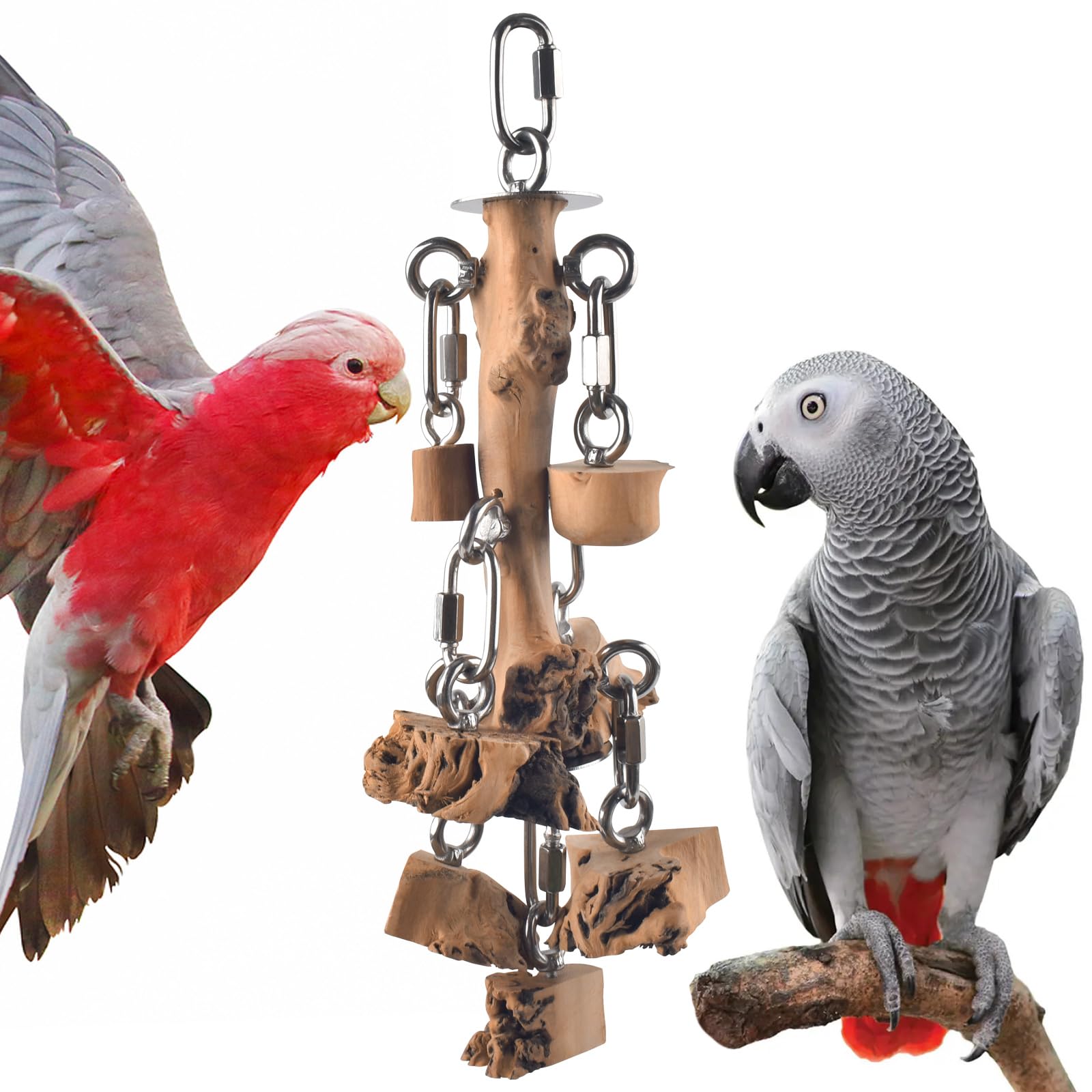 Bird Toys for Parrot, Durable Stainless Steel Large Birds Chew Toy, Hanging Detachable Natural Hardwood Blocks for Medim to Large Eclectus, African Greys, Amazon Parrot, Cockatoo