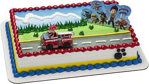 DecoSet Paw Patrol Just Yelp para decoración de pastel de ayuda, decoraciones de 2 piezas con Marshall en camión de bomberos y fondo para divertirse