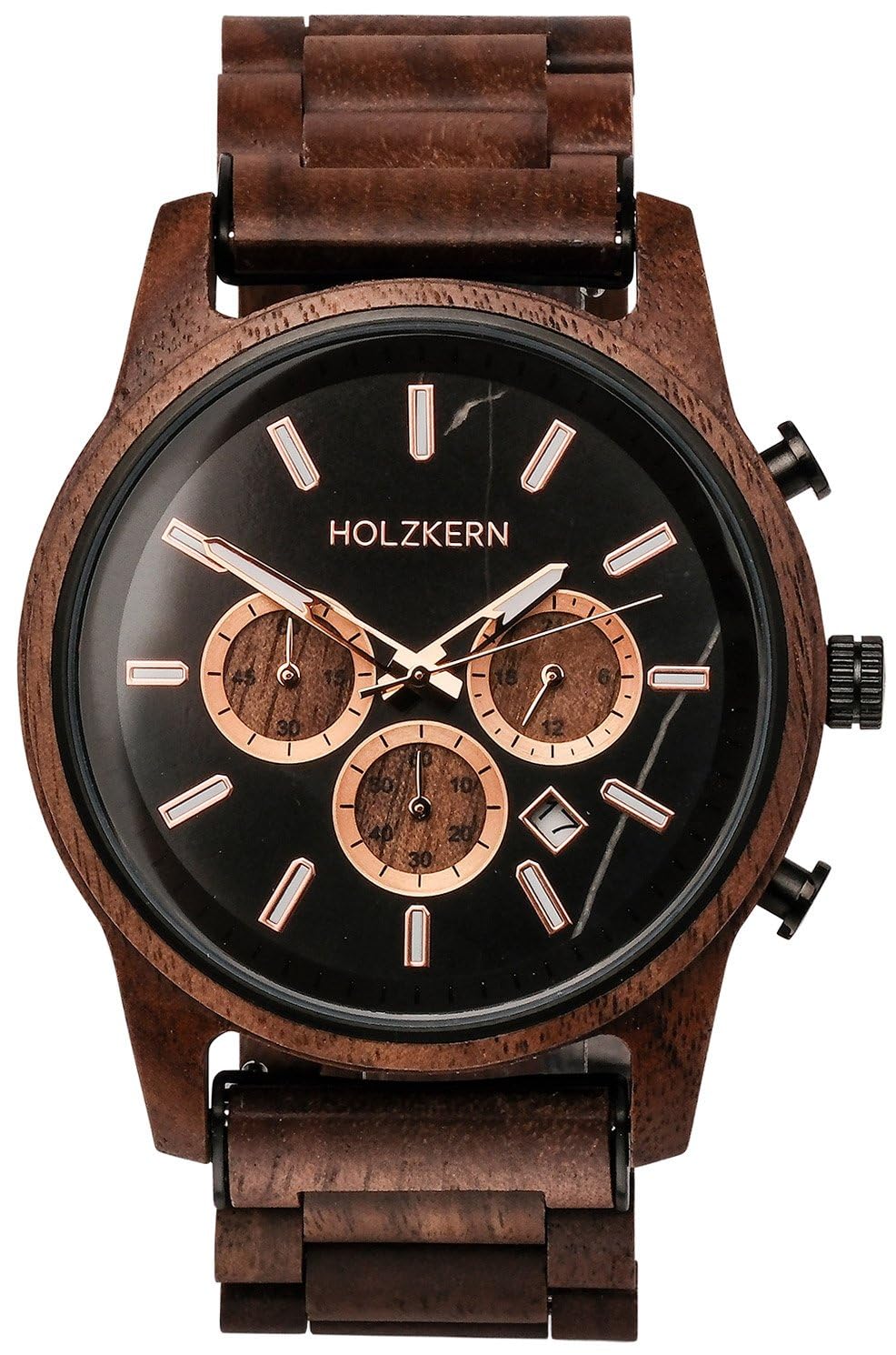 HOLZKERN Herrenuhr Quarz Chronograph Buschwerk Walnuss/Marmor 9010631016364 | Armbanduhr mit japanisches Quarzwer und Zifferblatt aus schwarzem Marmor