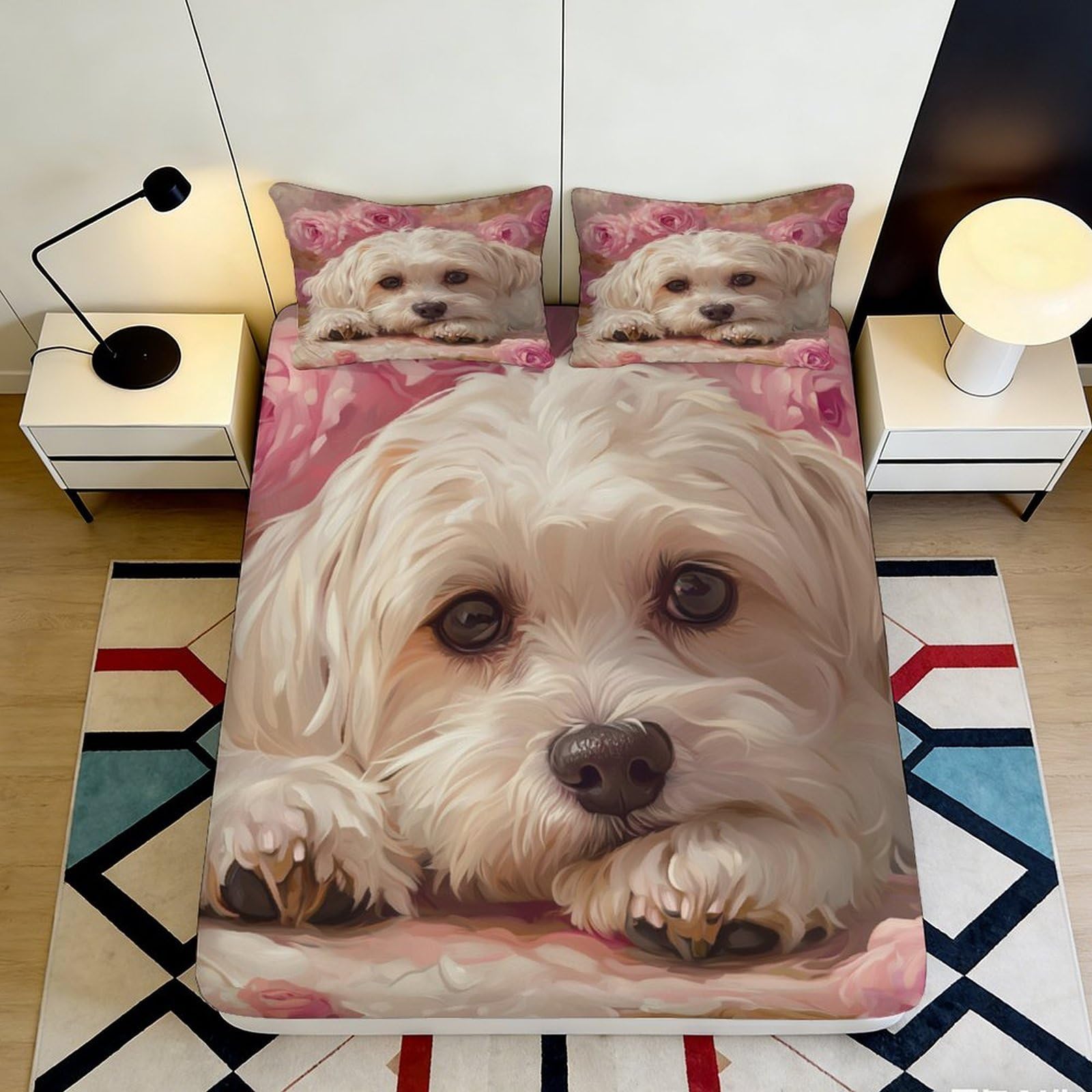 Decorative Puppy Print Fitted Sheet, 3D Printed, Microfiber Soft Touch, Bed Cover, Bedroom Home Decor, Easy Care, Guest Room Bedding, 119 chars 90x200x25cm