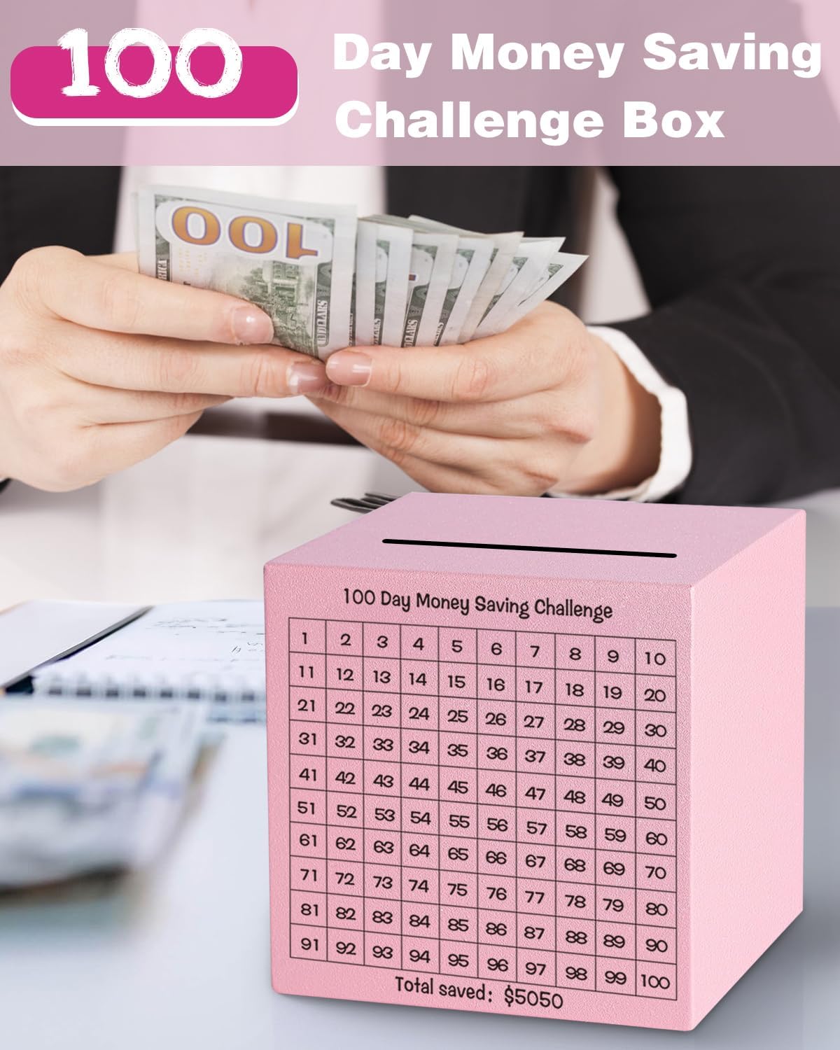 Money Saving Box, Unbreakable Piggy Bank for Adults Save $5,050 Metal Savings Box, 100 Day Money Saving Challenge Stainless Steel Box Must Break to Open 4.72 Inch (Pink)