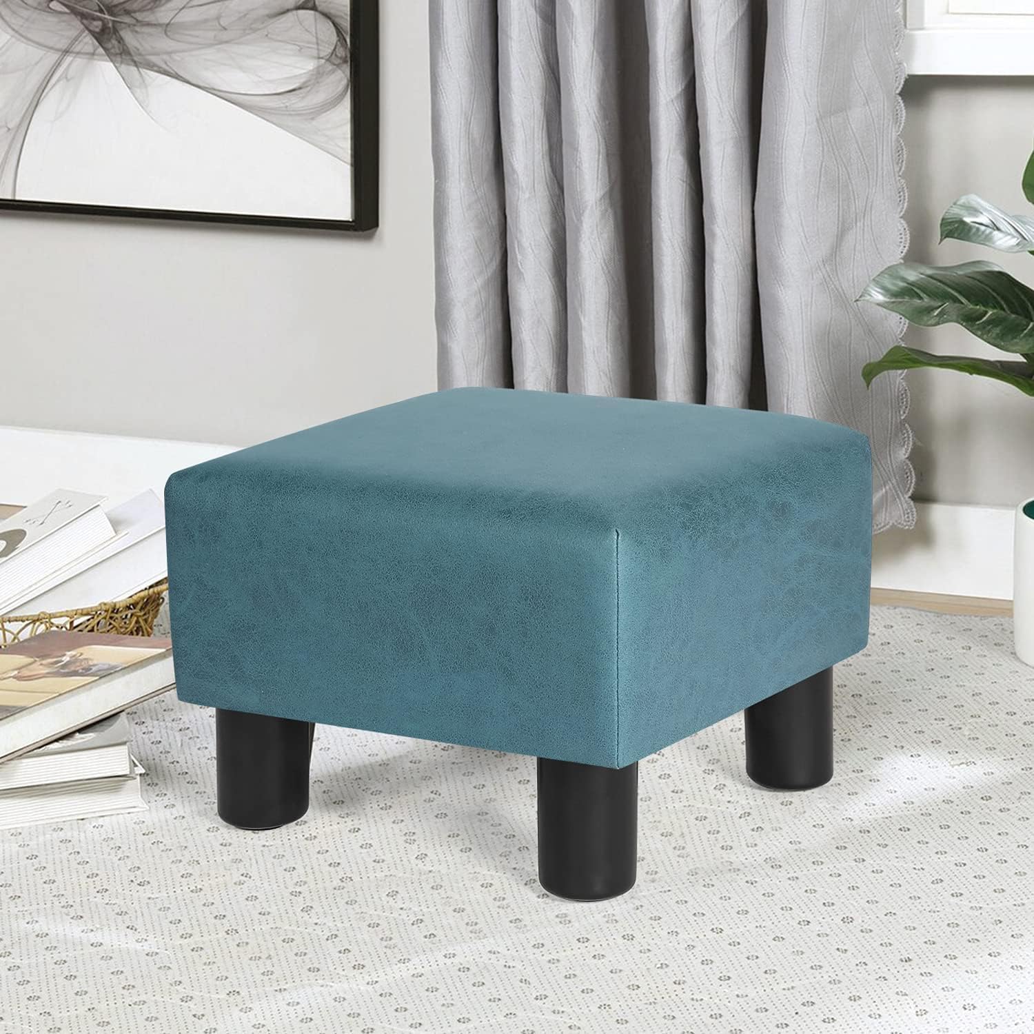 Combo - Small Square Velvet Footstool Ottoman with Wooden Legs – Blue + Round Metal Ottoman Footrest Stool with Gold Base for Living Room – Brown