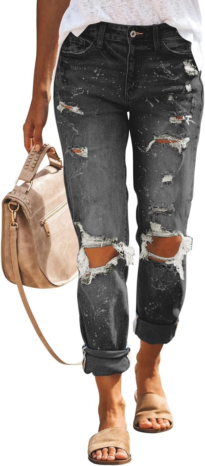 PerZeal Women's Jeans Comfy Stretchy Ripped Skinny Mid Waist Destroyed Denim Pants (Pack of 2) Grey&Dark Blue Large - Image 2