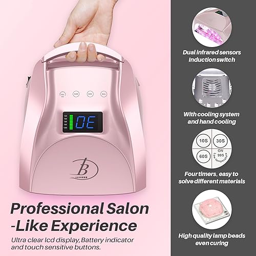Miniatura 2 de Lámpara de uñas LED UV, secadora de uñas inalámbrica recargable de 96 W, 52 cuentas de secado rápido con control remoto, 4 temporizadores, sensor
