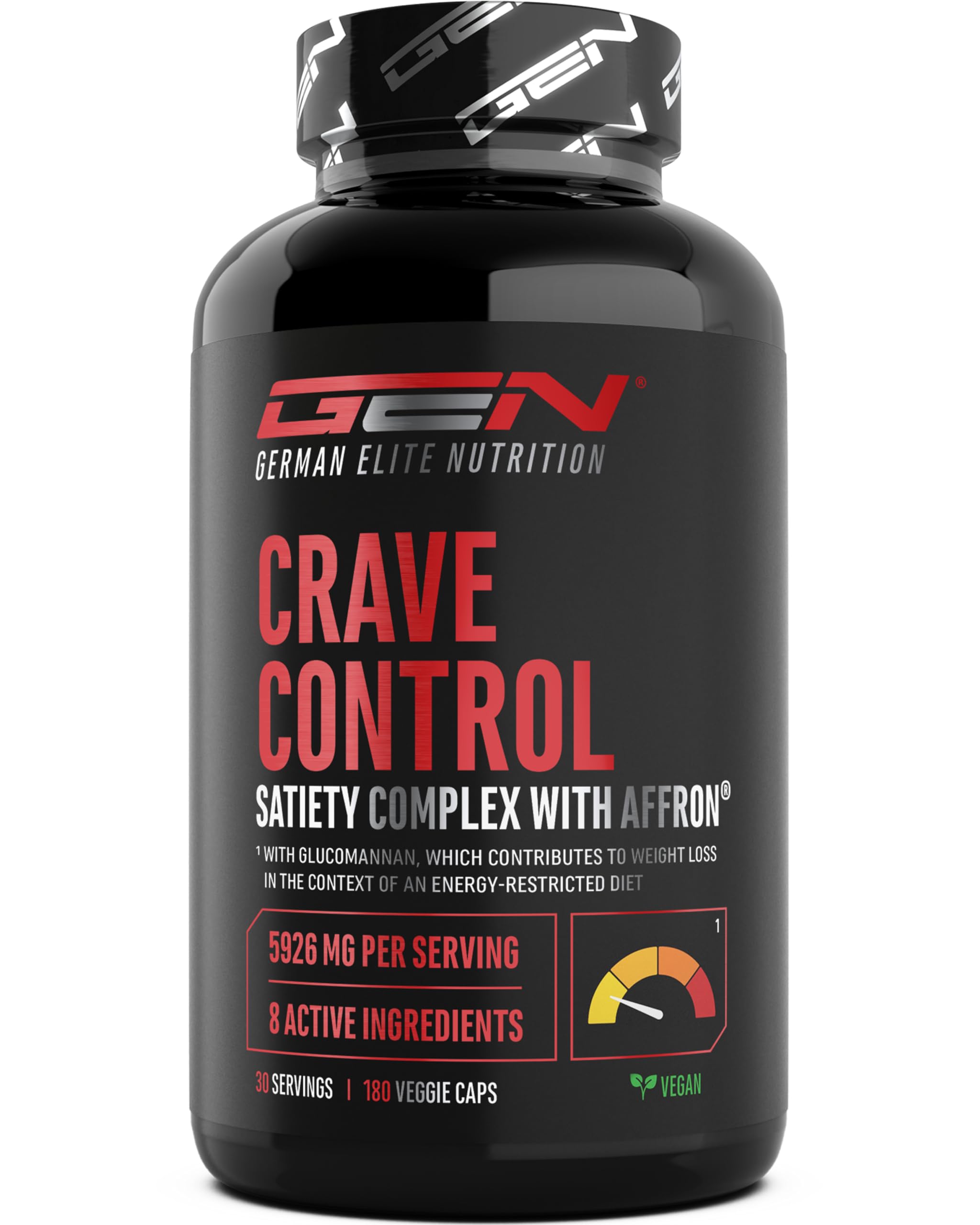 GEN GERMAN ELITE NUTRITION Crave Control Appetite Suppressant - 180 Kapseln | Affron® & Glucomannan, Grüntee Extrakt, Chrom, Ceylon Zimt, Weißer Weidenextrakt, Laborgeprüft, Vegan