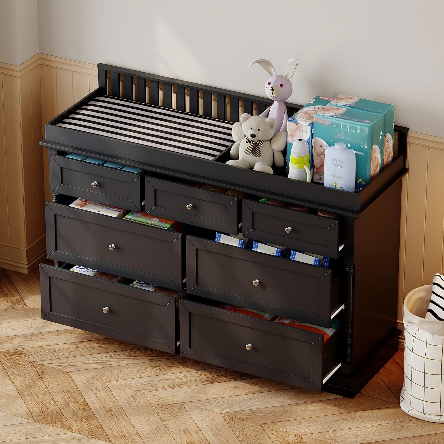 WOODTIME Nursery Dresser with Diaper Changing Tray, Baby Kids Dresser Changing Table with 7 Drawers & Carved Pattern for Nursery Bedroom Living Room, Black, 19.3