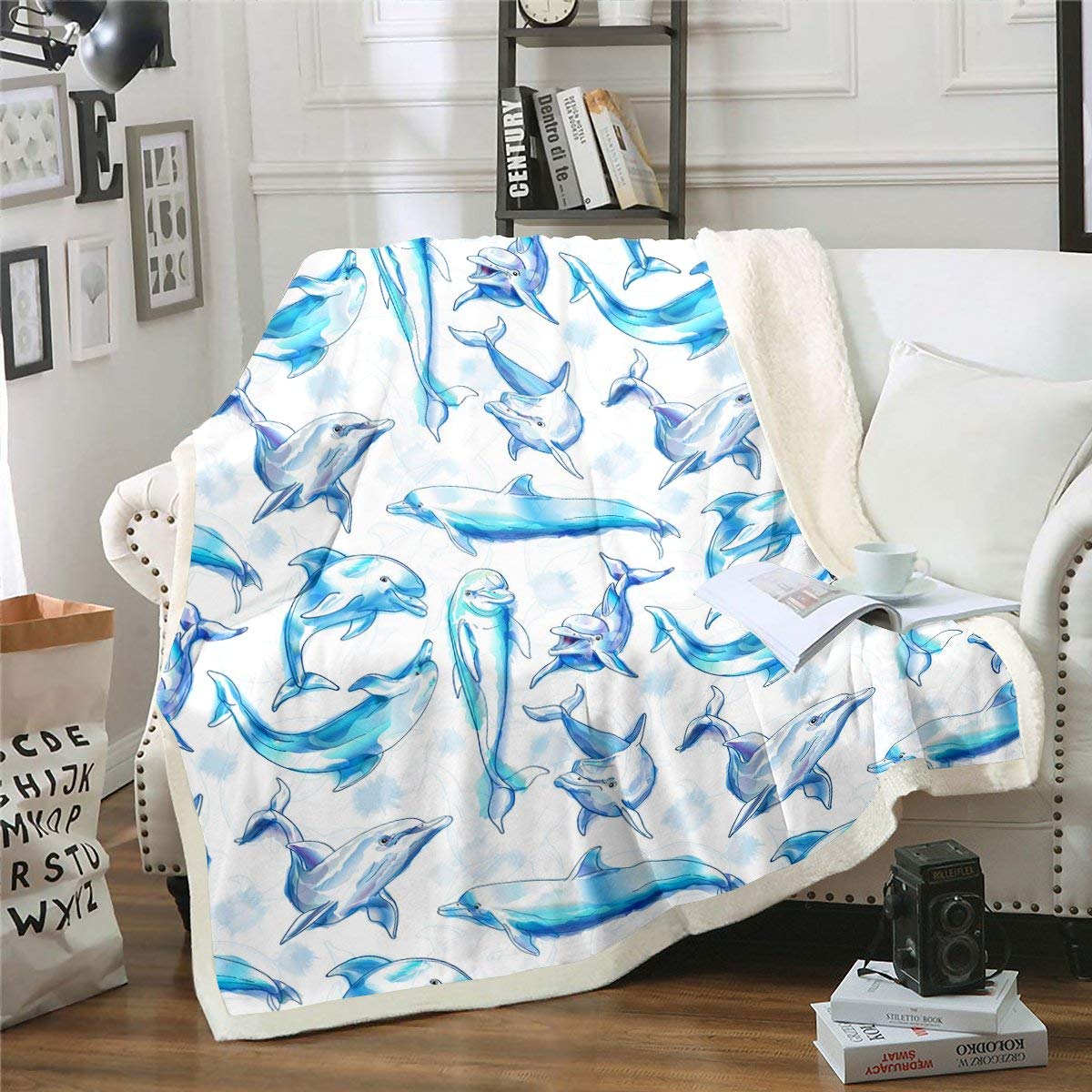 Couverture Polaire Enfant Requin Bleu Aquarelle - Jeté de Lit Douillet Décoration Animaux