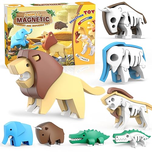 Magnetic Animal Building Toys, STEM Toddler Learning Toys 3D Puzzle Animals for Boys Girls, Educational Magnetic Travel Montessori Toy Lion Elephant Crocodile, Unique Birthday Gift for Kids 3 4 5 6 7