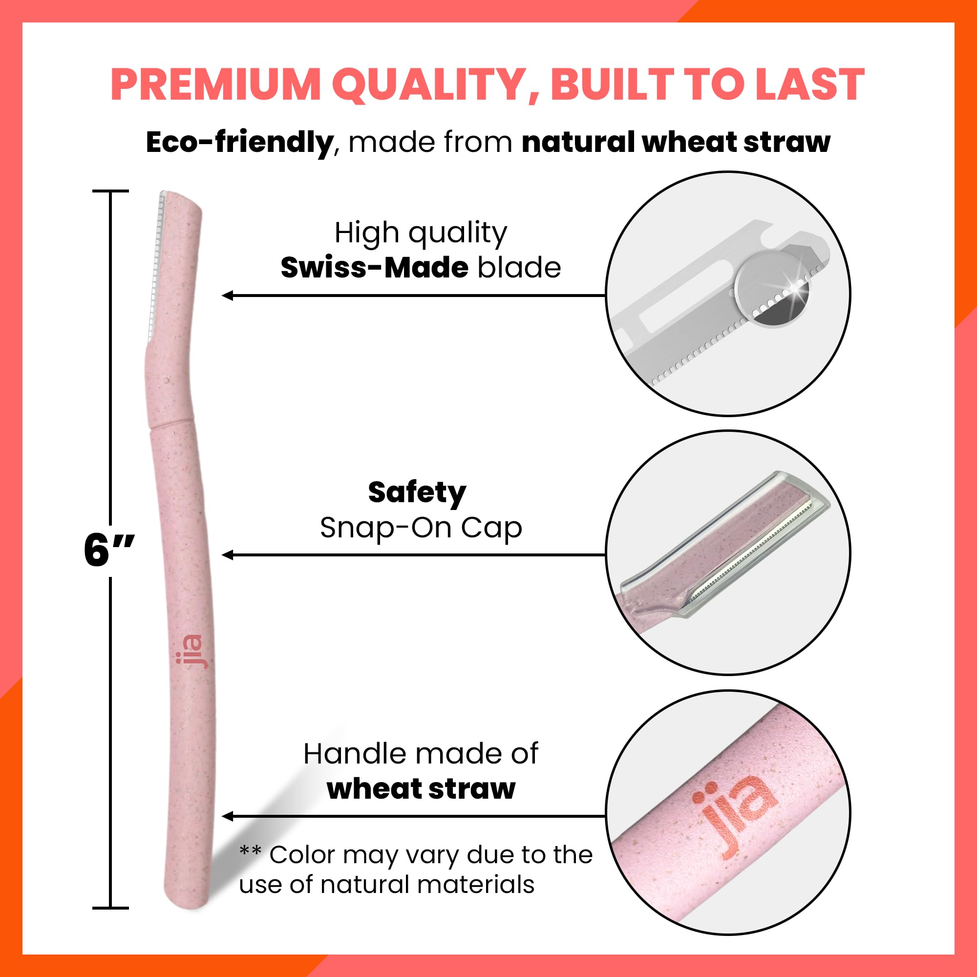 Jia Dermaplane Facial BioWheat Razor 3-Pack, Pale Peach - Eyebrow Trimmer & Face Shaver for Women and Men, Peach Fuzz & Dead Skin Cell Removal Tool
