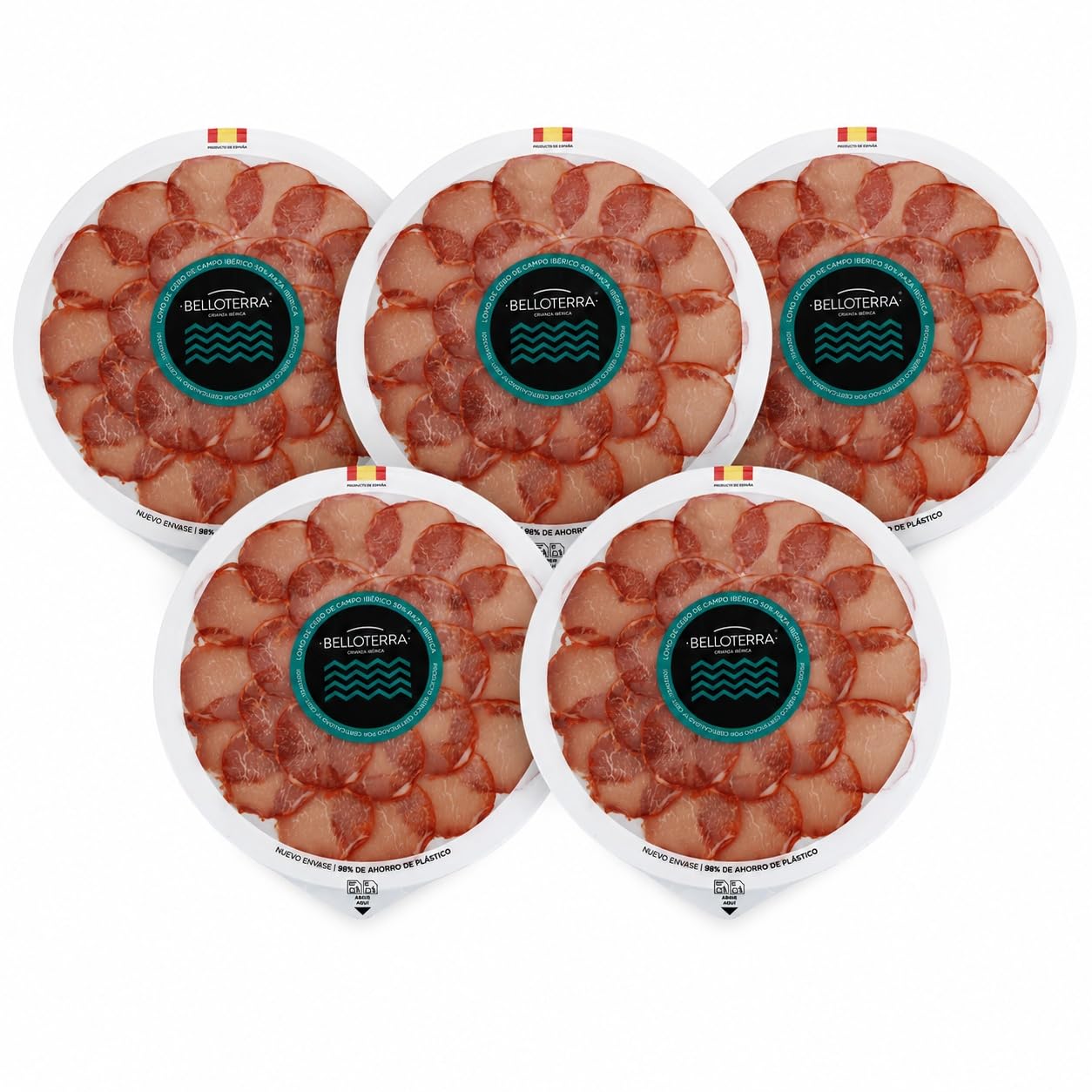 BELLOTERRA | Confezione da 5 Buste Lonza di Alimentazione in Campo 50% Iberica Affettata | 5 x 80 gr | Busta in Atmosfera Protettiva | Stagionatura Artigianale 3-4 Mesi | Razza Iberica