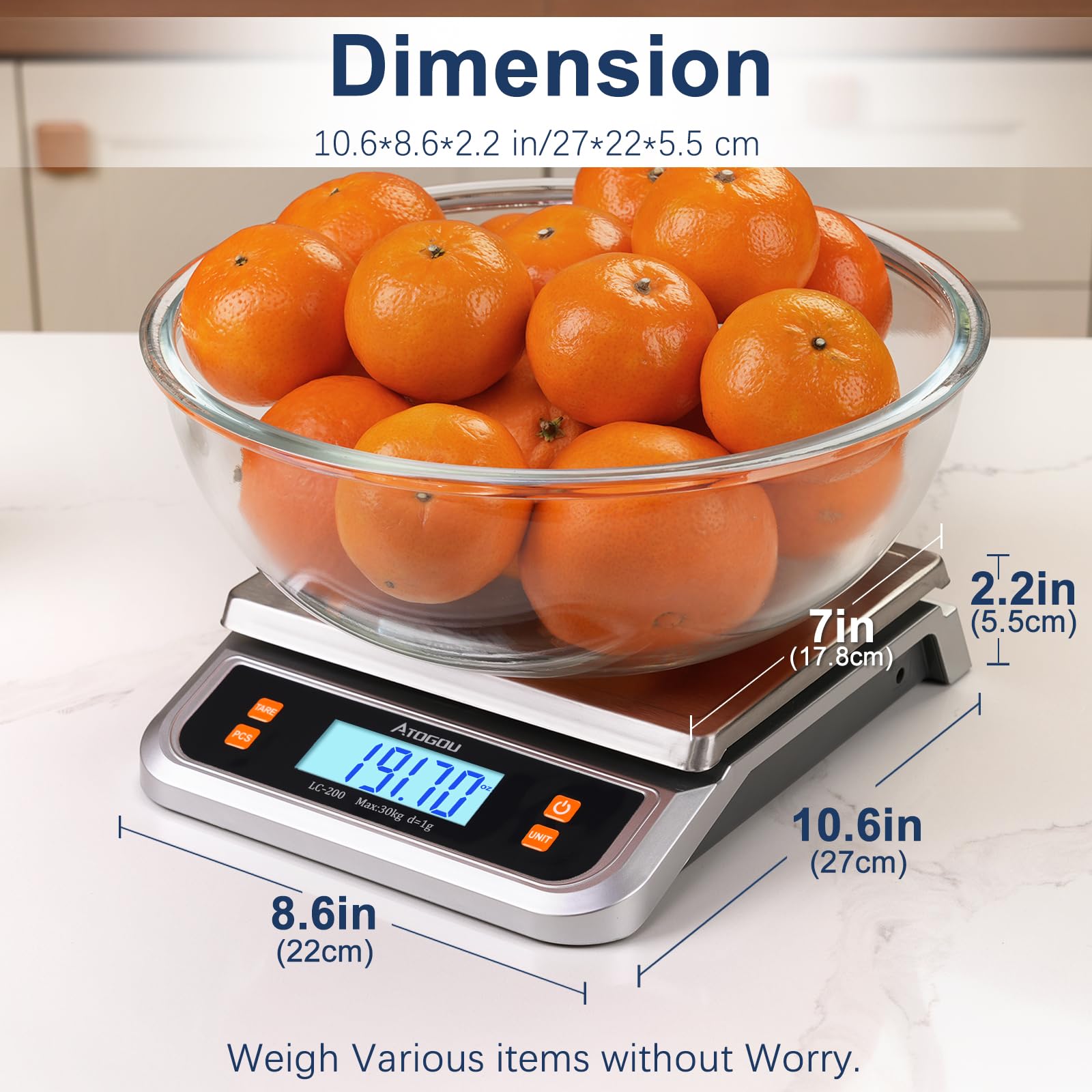 ATOGOU LC200 Balance de cuisine numérique commerciale 40 kg/1 g, avec conversion de 6 unités, acier inoxydable, écran LCD, pile AA ou utilisation enfichable pour la pâtisserie, le pain, la cuisine, la
