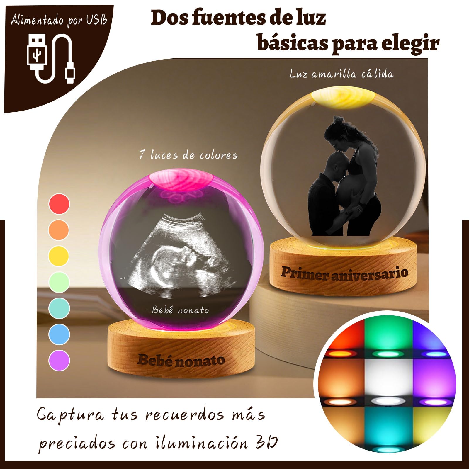 Esfera de Cristal Personalizada 3D con Foto y Texto - Bola de Cristal con Base de Madera Grabada, Regalo de Fotografía 3D Navidad, Halloween, Ultrasonidos, Familia (Ecografía)