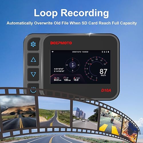 Miniatura 2 de Cámara de salpicadero para motocicleta con cámara dual HD 1080P, impermeable y pantalla IPS de 3 pulgadas grabadora de conducción de DeepMoto D10A,